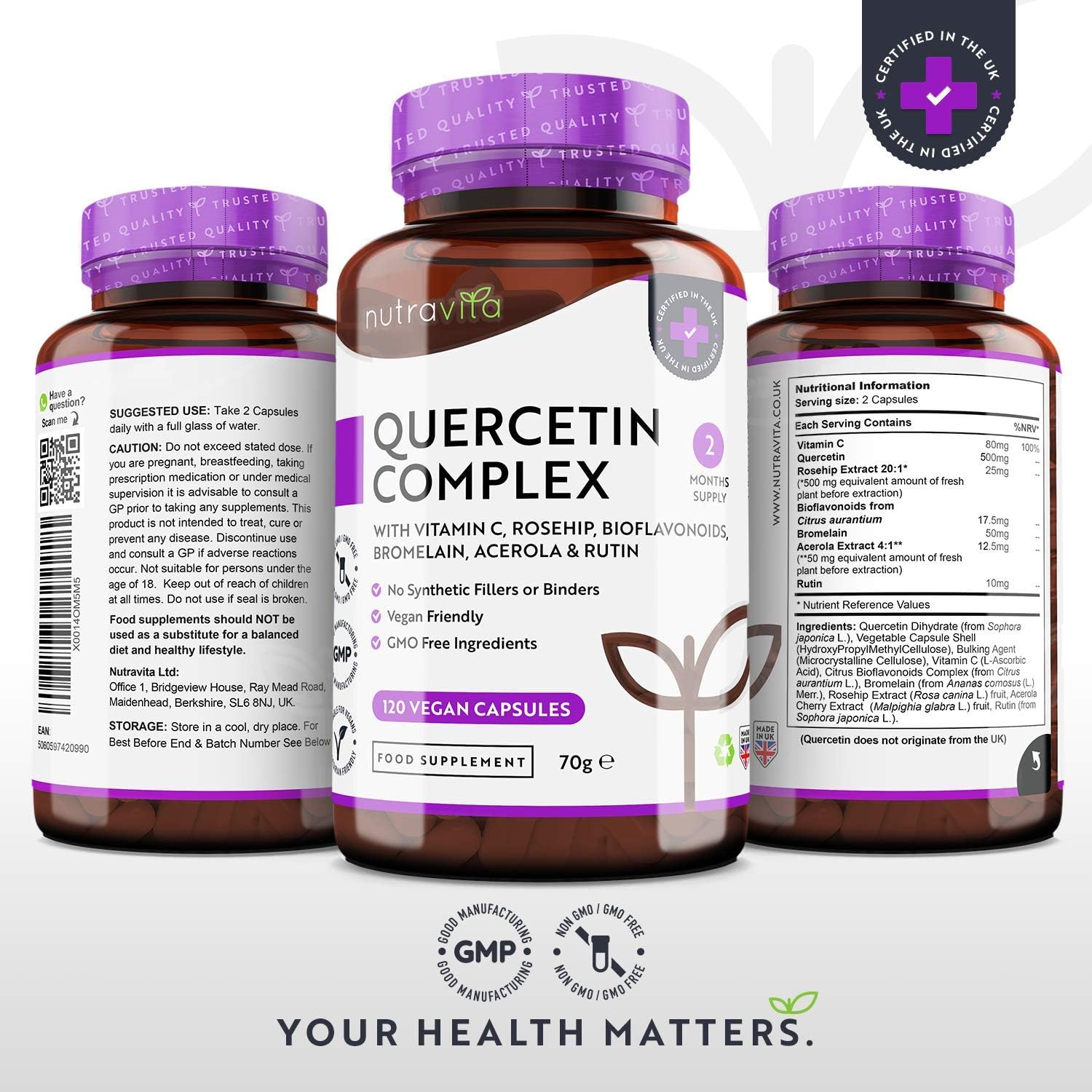 Thumbnail 2 de Quercétine 500 mg – Nutravita, 120 gélules vegan (Vitamine C 80 mg) – Extrait de fleur de cordage japonais