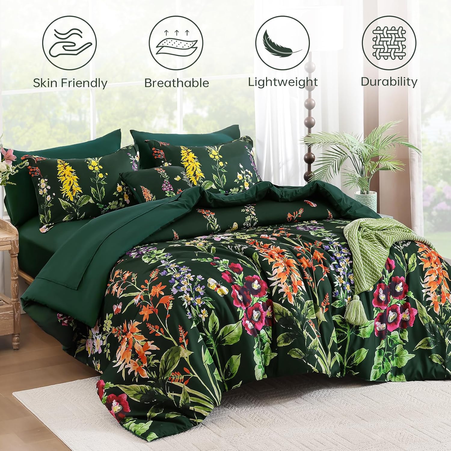 Detalle de WONGS BEDDING Floral Comforter Set Queen Size – 8-Piece Botanical Reversible Bedding