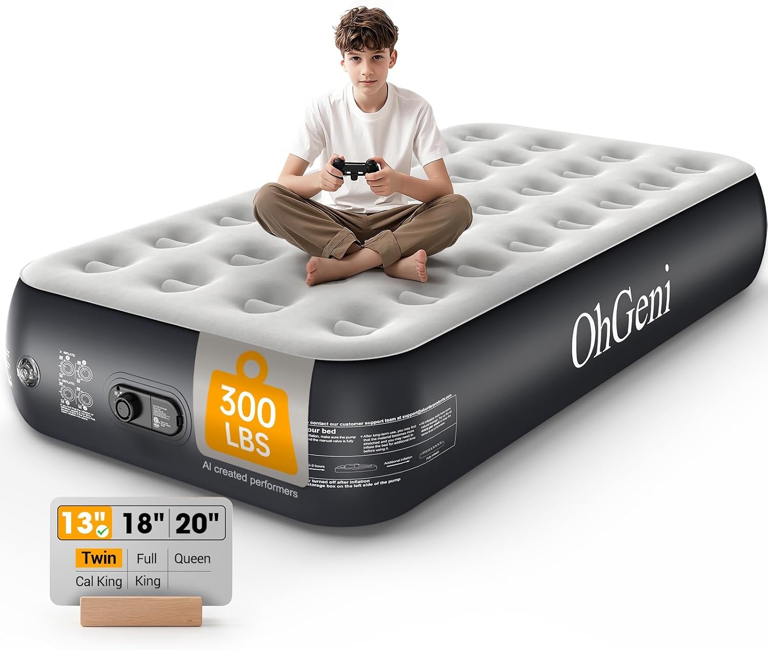 Detalle de OhGeni AMH5 Twin Air Mattress, 13-Inch Raised Bed with Built-In Pump
