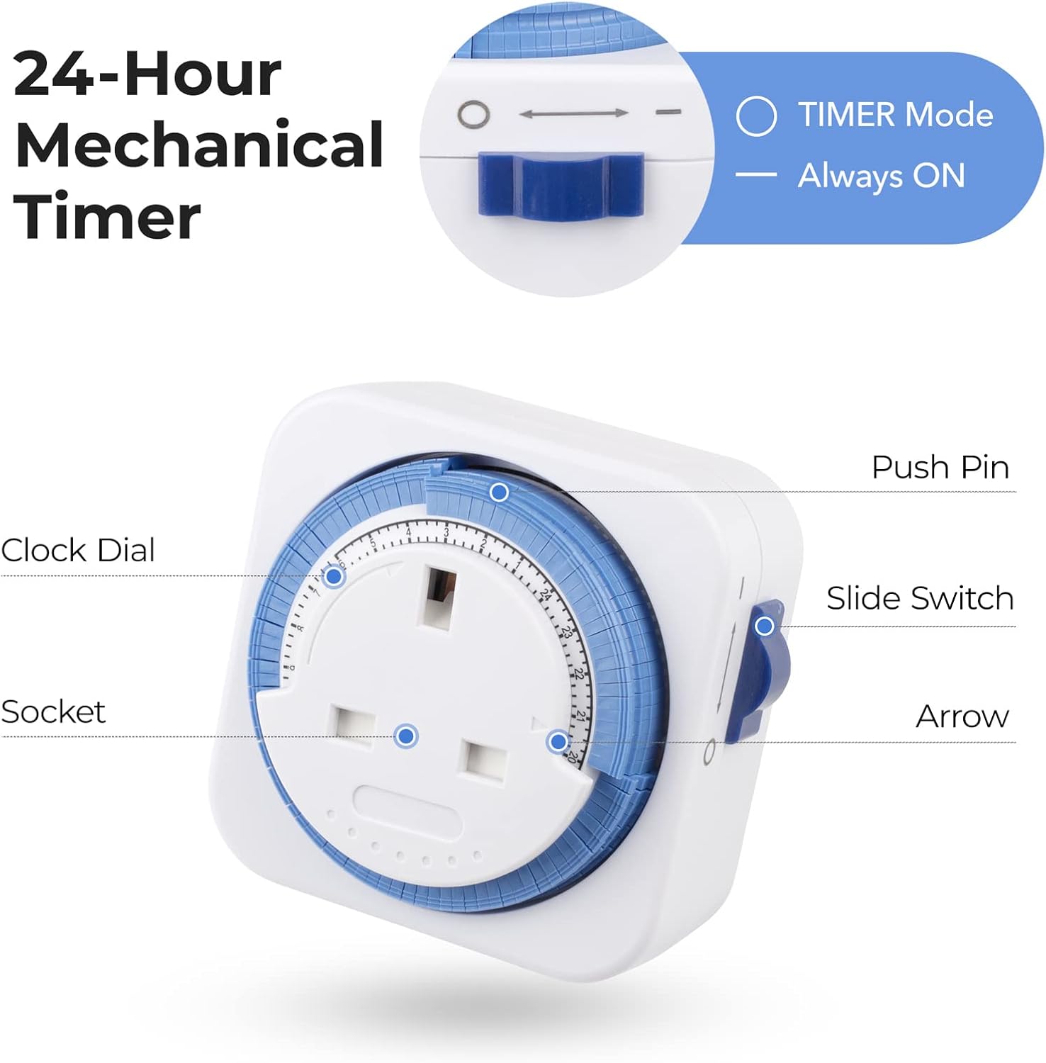Detalle de HBN Mechanical Timer Plug Socket (24 Hour, 13A/3120W) – UK Indoor Plug-In Timer, 3 Pack