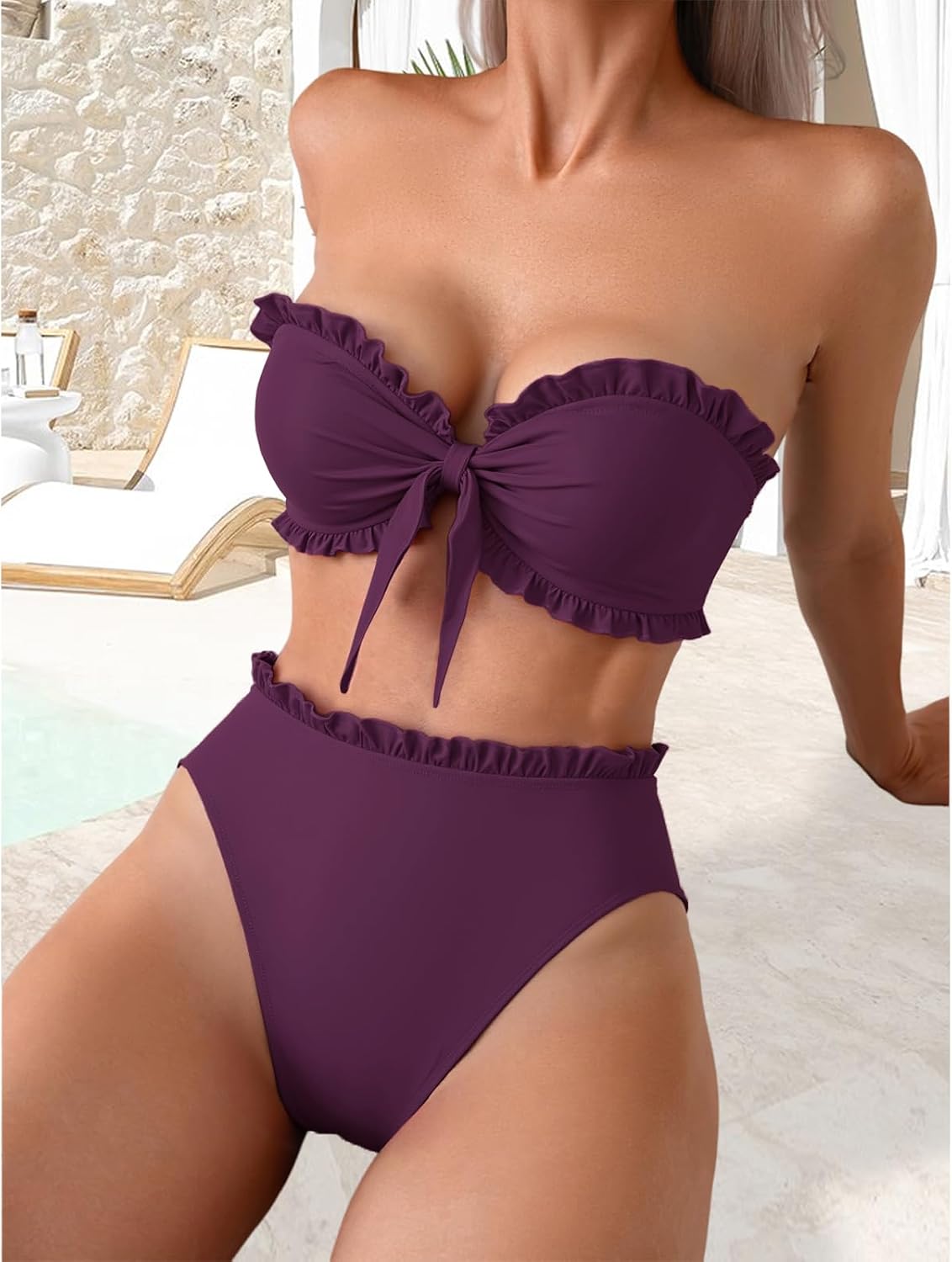 Thumbnail 6 de OUSIMEN bikiniset för kvinnor med volangbandeau, hög midja och rosettdetalj