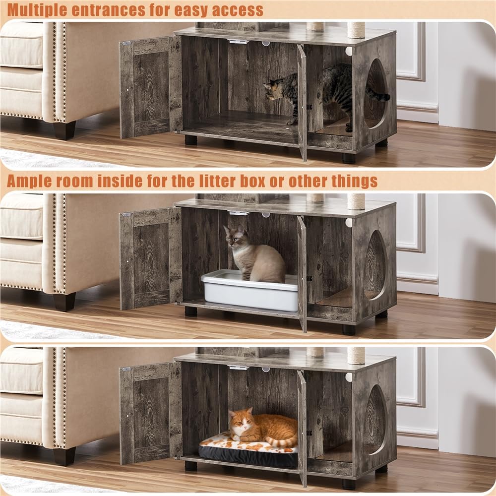 Thumbnail 1 de Yaheetech Katzenbaum mit Katzenklo Schrank (134,5 cm) – 2-in-1 Kratzbaum & Katzentoiletten-Schrank in Greige-Beige