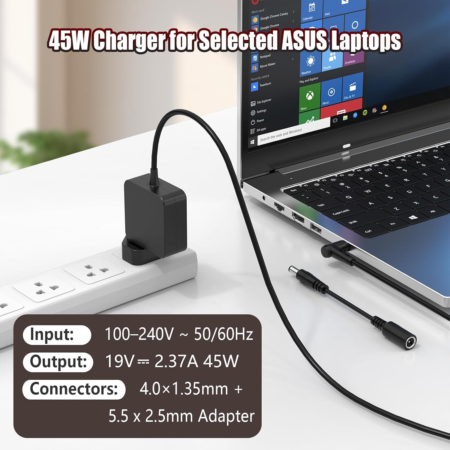 Detalle 2 de 45W ASUS Laptop Charger for UK use – 19V 2.37A (4.0 x 1.35mm) with 5.5 x 2.5mm adapter, 3‑pin plug