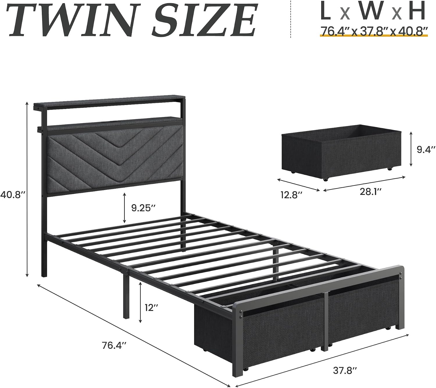 Thumbnail 1 de Fluest FL24-0916TC Twin Bed Frame with Storage, LED Lights and Charging Station