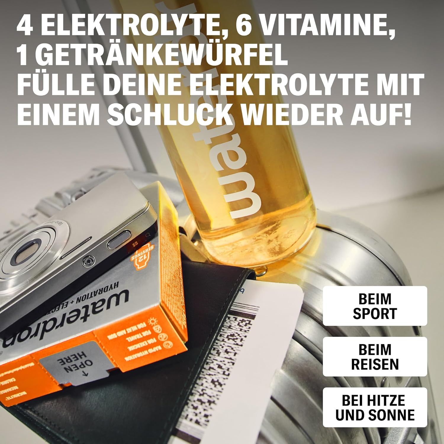 Detalle de waterdrop Elektrolyte-Mix – 36 Drops Würfel mit Magnesium, Kalzium, Natrium + Zink – Zuckerfrei, vegan, in Orange, Erdbeere & Berry