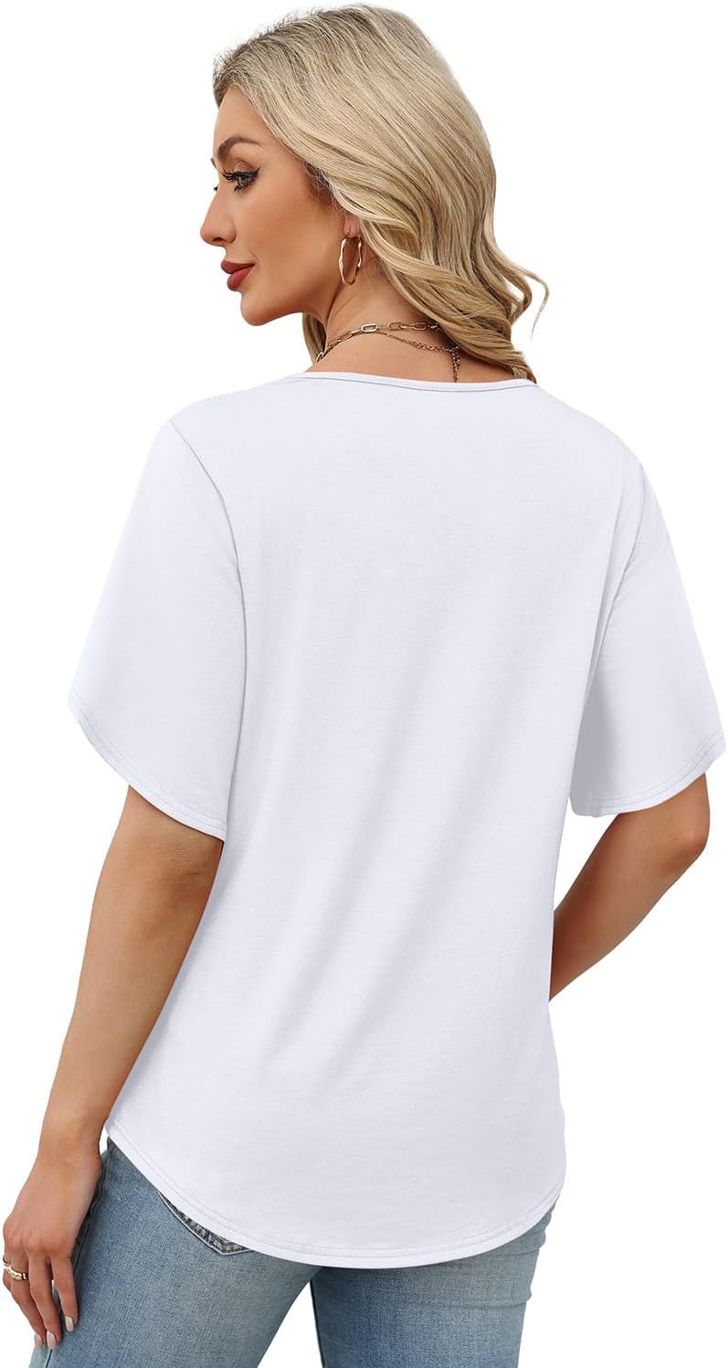 Detalle de WIHOLL Women's Summer Tops: Short Petal Sleeve Shirt with V-Neck