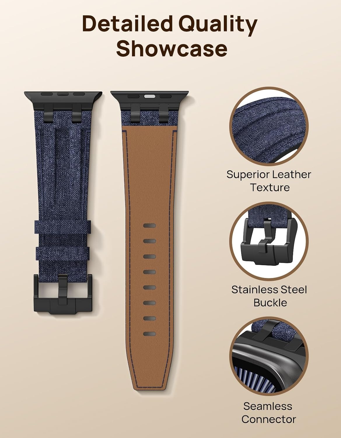 Thumbnail 2 de MoKo Bracelet en cuir pour Apple Watch (Crazy Horse) avec connecteurs métalliques, compatible 49/46/45/44/42 mm