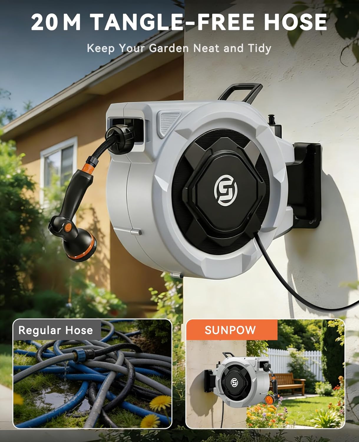 Thumbnail 1 de SUNPOW Retractable Hose Reel (16mm x 20m) with 10-Function Nozzle, Auto Rewind & 180° Swivel Wall Bracket