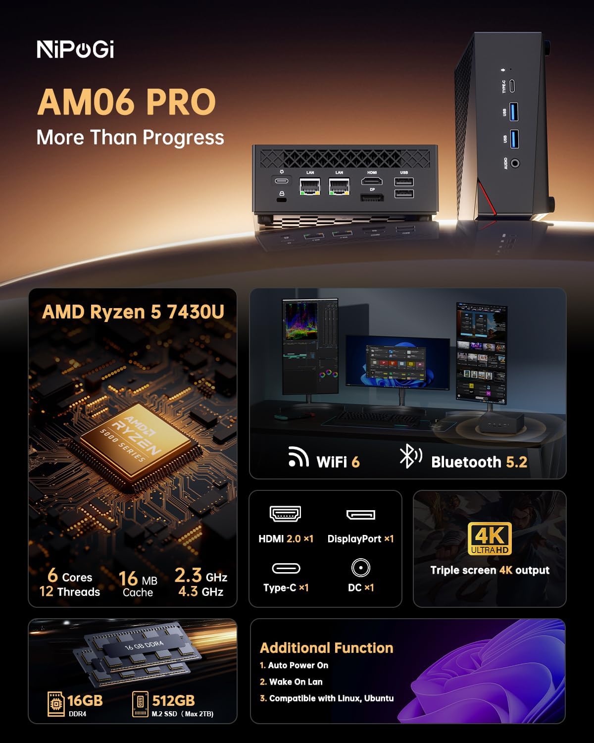 Detalle de NiPoGi AM06 PRO Mini PC – Leistungsstarker Ryzen 5 7430U, 16GB RAM, 512GB SSD, 4K Triple Display
