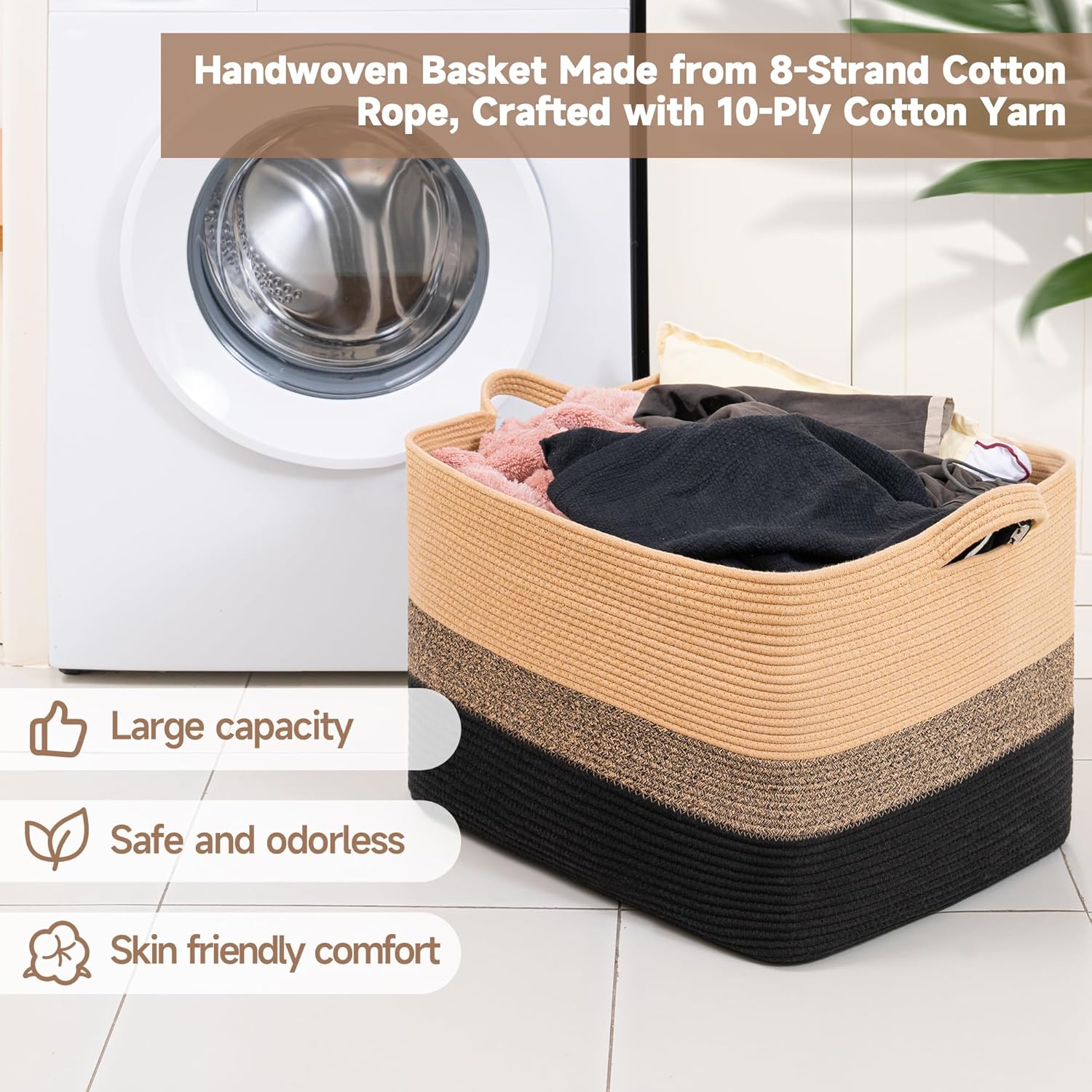 Thumbnail 1 de CLHMILY&Z Stylish Square Cotton Rope Storage Basket (Black & Camel, 85L)