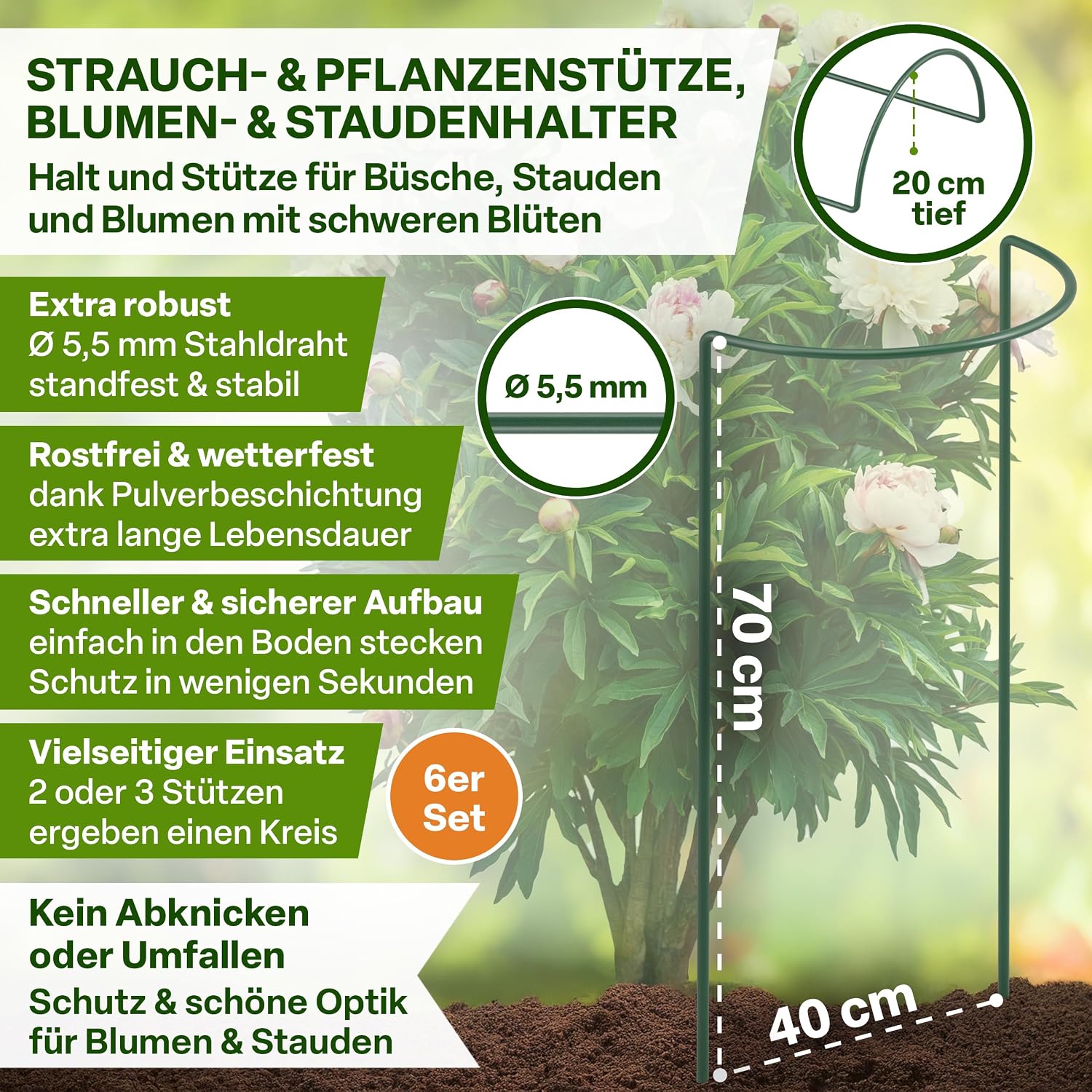 Detalle de TTL GARDEN Strauchstützen 70 cm x 40 cm – 6er Set mit Klettband, rostfreier Stahl, grün
