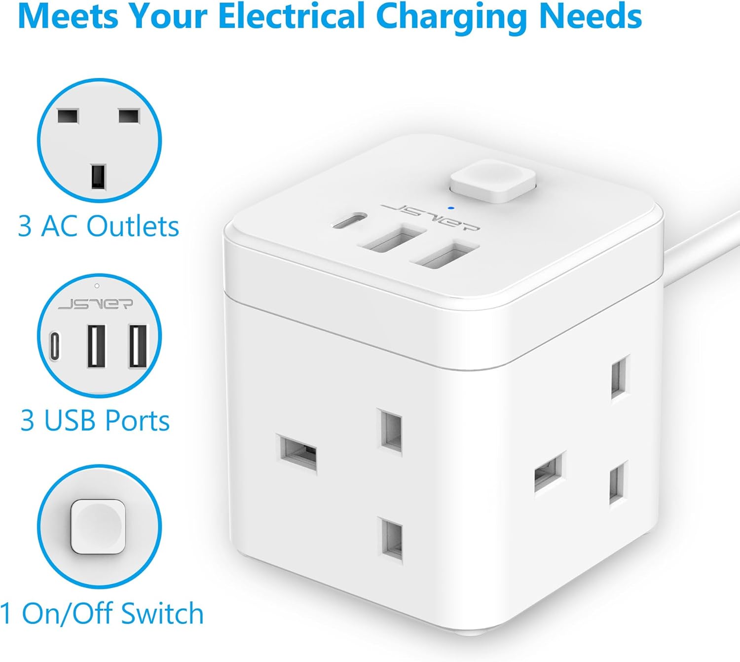 Detalle 2 de JSVER Cube Extension Lead 2m with USB ports ๐