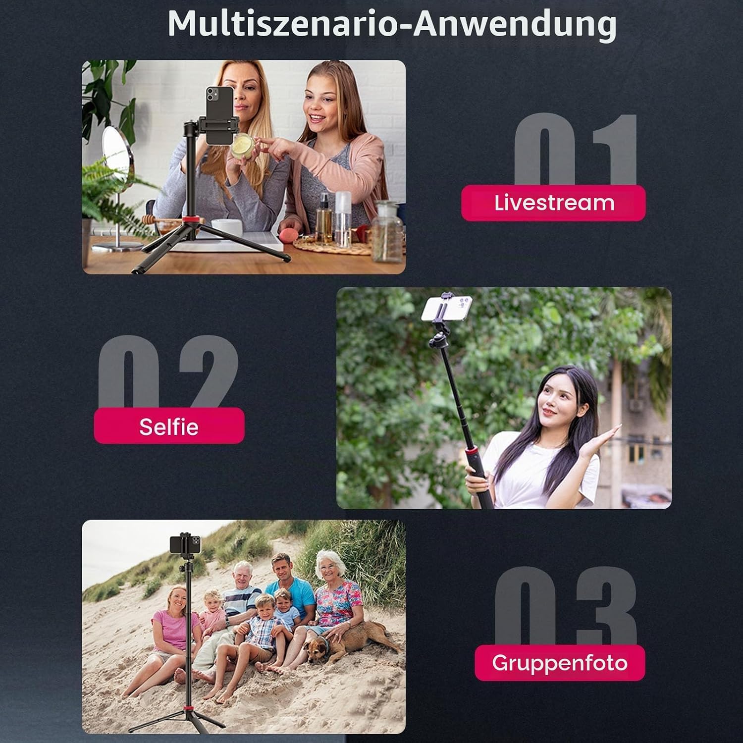 Detalle 2 de ULANZI MT-44 2-in-1 Stativ für Smartphone und Kamera – 147 cm, 360° Kugelkopf, Cold Shoe Halterung
