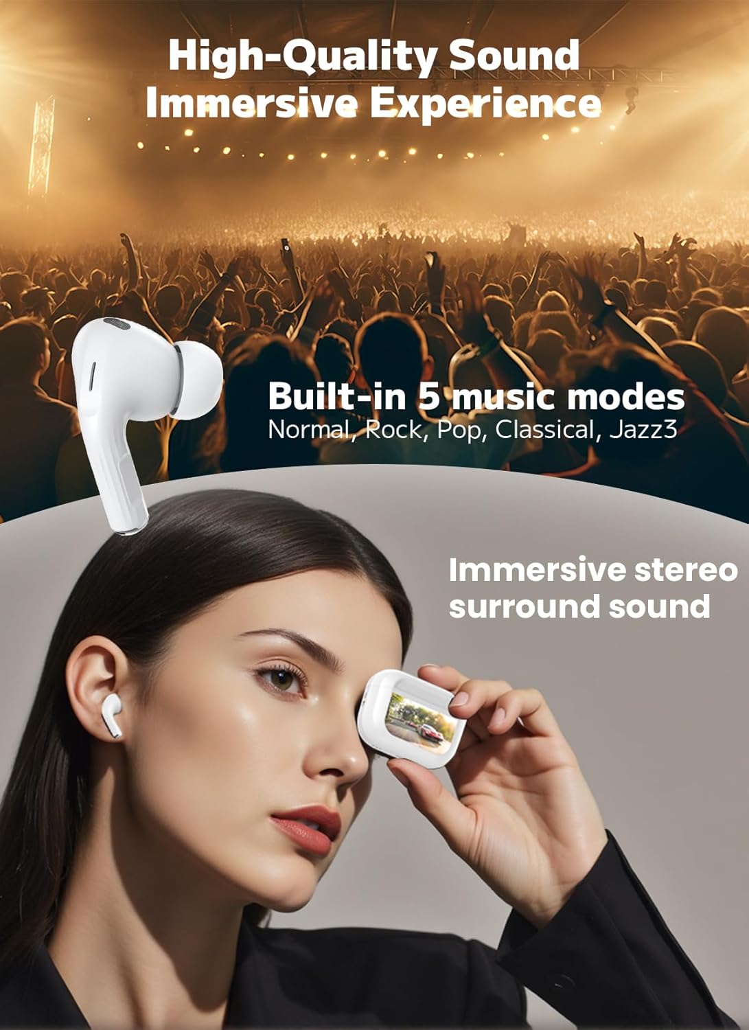 Thumbnail 5 de ZZU Wireless Earbuds (Bluetooth 5.4) with Smart Touch Screen Charging Case, ENC Noise Cancelling, 48H Playtime – White