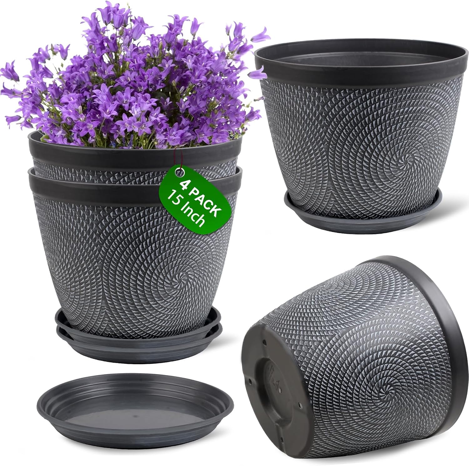 Detalle de Quarut 15-Inch Planter Pots, 4-Pack Gray Plastic with Drainage and Saucers