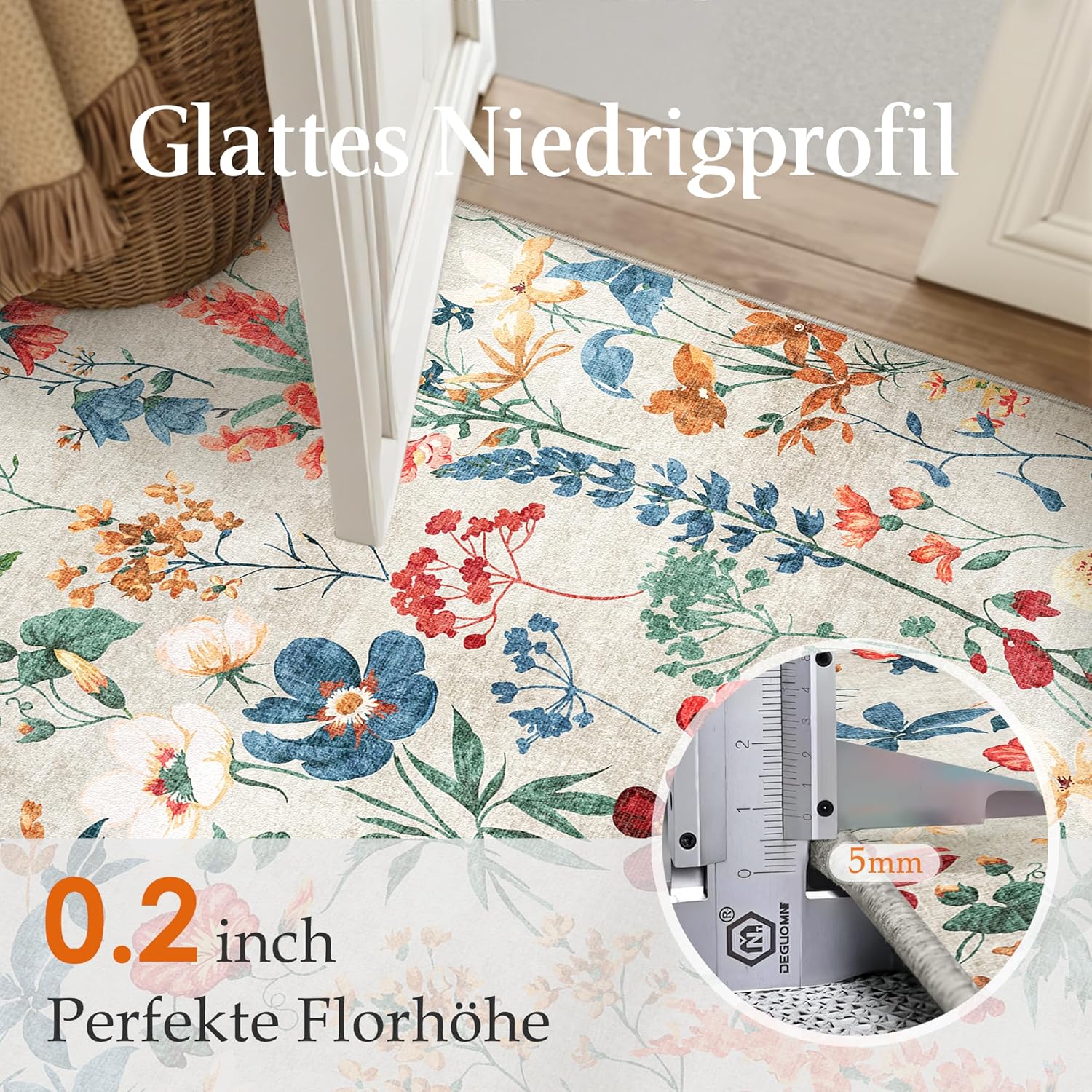 Thumbnail 2 de HUGEAR Beige waschbarer Teppich mit Blumenmuster (200x300 cm) – kurzflorig, rutschfest, für Wohn- & Schlafzimmer