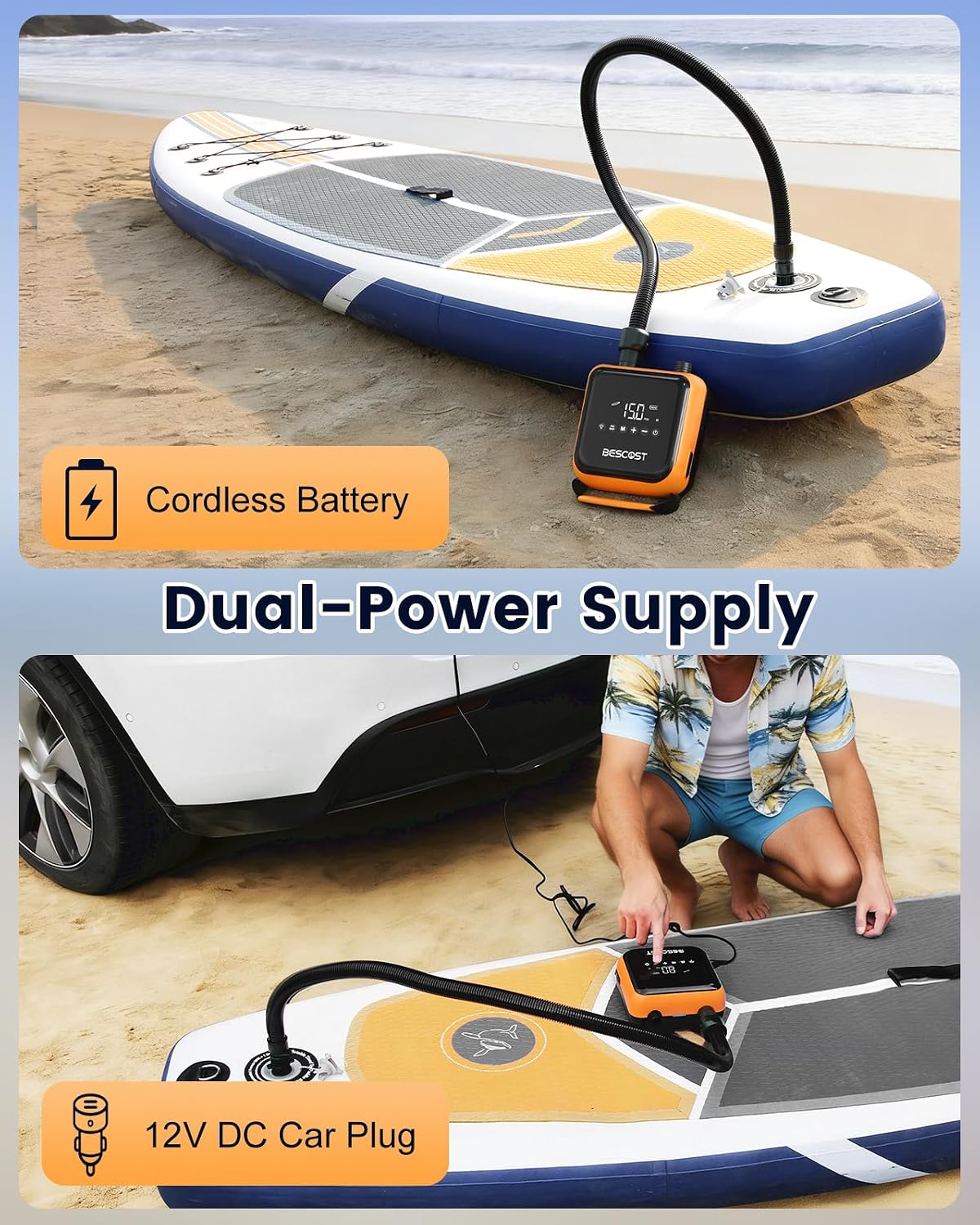 Detalle de BESCOST Electric Paddle Board Pump 20PSI with LED Light – 5000mAh Dual-Port SUP Pump