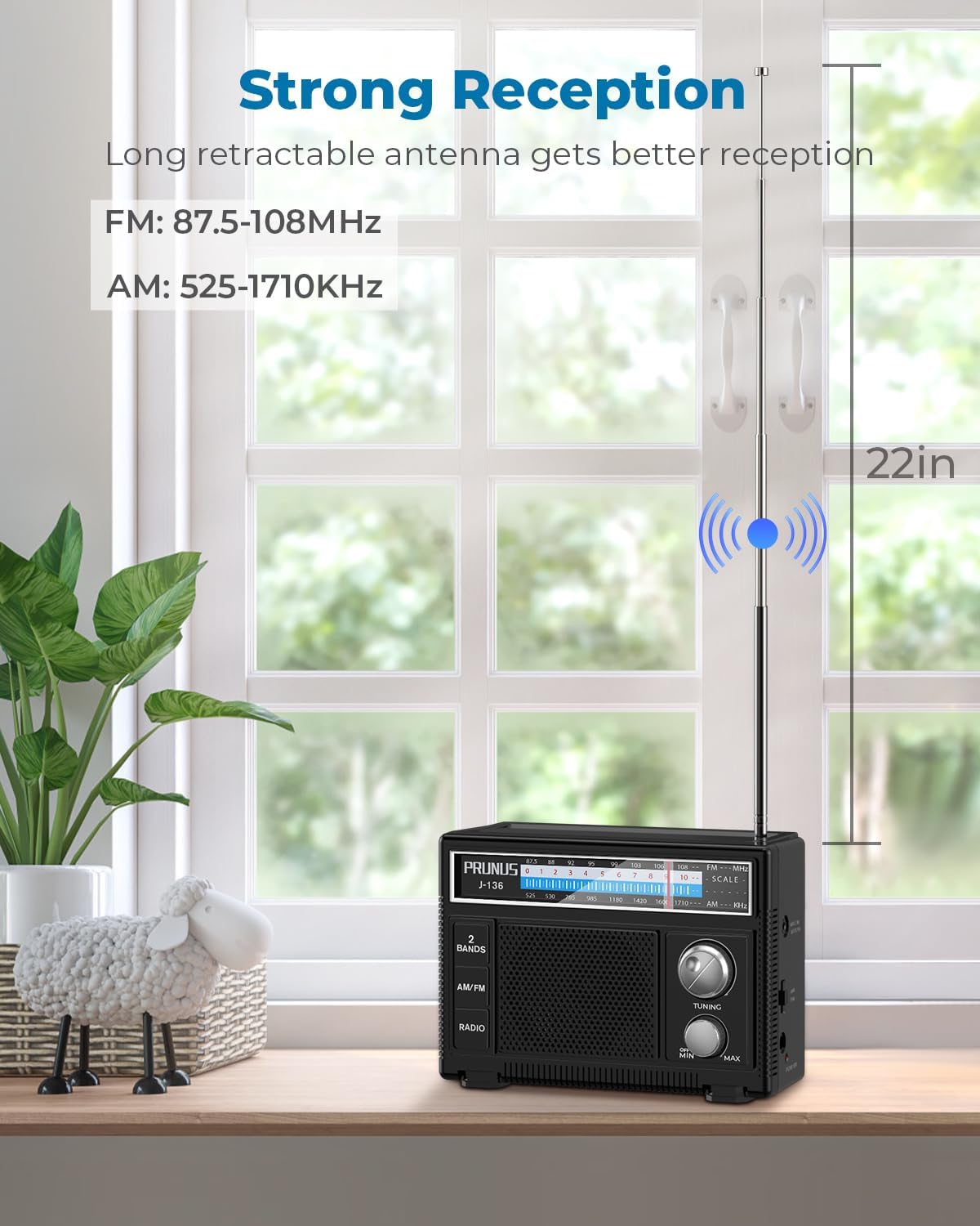 Detalle 2 de PRUNUS J-136 Portable AM/FM Radio with AC or Battery Power, AUX and Mic Input