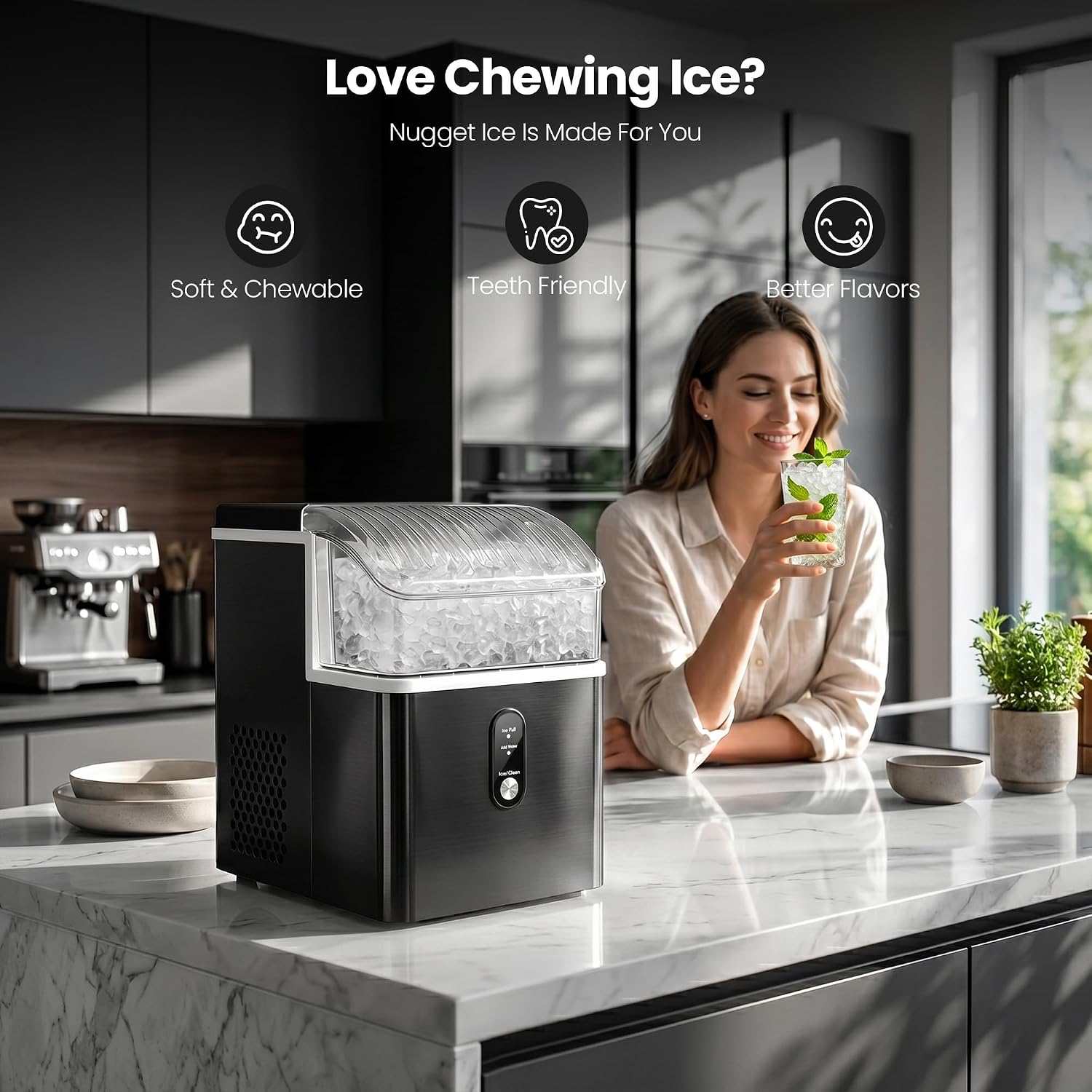 Detalle de Crzoe HZB-15NH/S Nugget Ice Maker, 35 lb Daily Output, Self-Cleaning