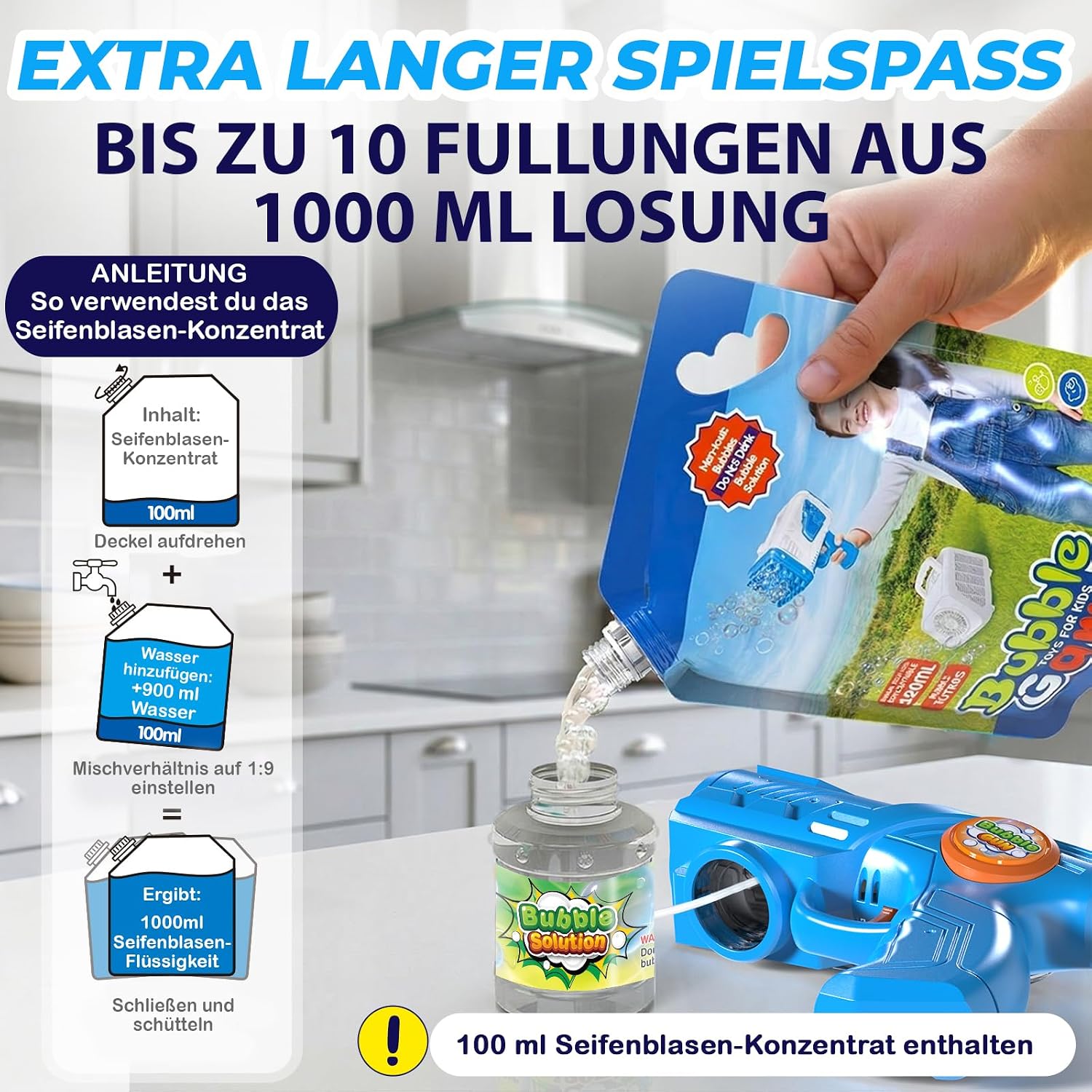 Detalle de Blubbel Seifenblasenpistole Set 2X: LED-Seifenblasenmaschine mit 100 ml Tank pro Pistole