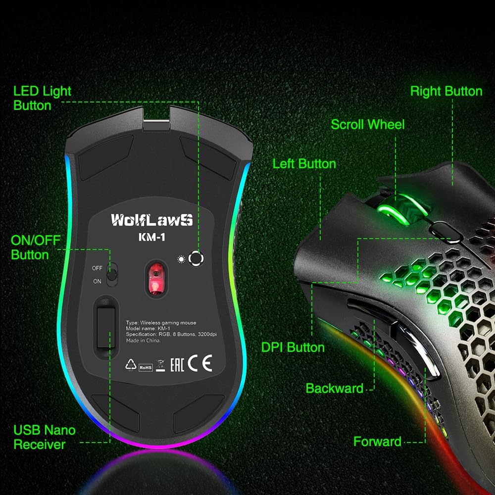 Thumbnail 5 de WolfLawS KM-1 Wireless Gaming Mouse: Durable, Rechargeable, Quiet Clicks
