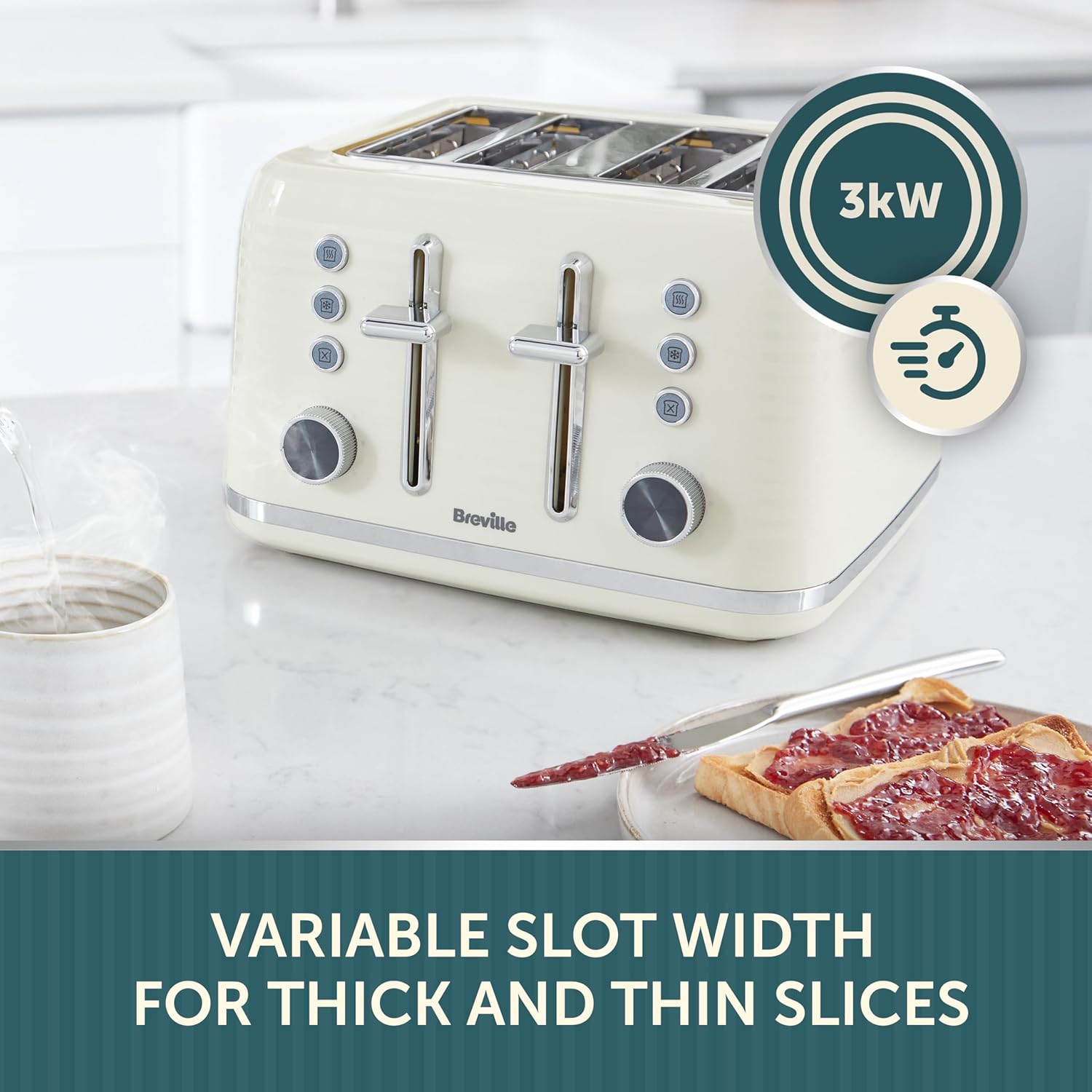 Detalle de Breville Zen 4 Slice Toaster with High Lift & Wide Slots (Cream & Silver Chrome) – VTR028