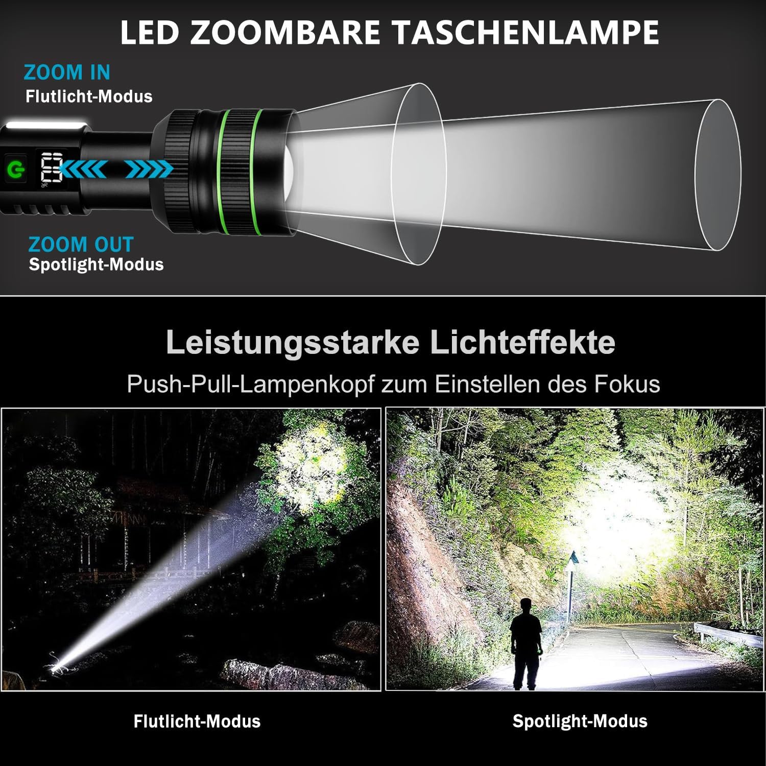 Thumbnail 6 de KZK wiederaufladbare Taschenlampe D6 (990.000 Lumen), USB-aufladbar, zoombar, IP67 – für Outdoor & Notfälle