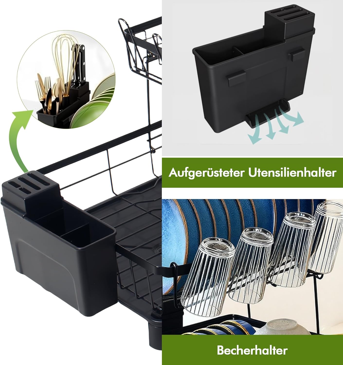 Detalle de Theo & Cleo 2-stufiges Abtropfgestell für Geschirr mit 360° drehbarem Auslauf & Abtropfschale (schwarz)