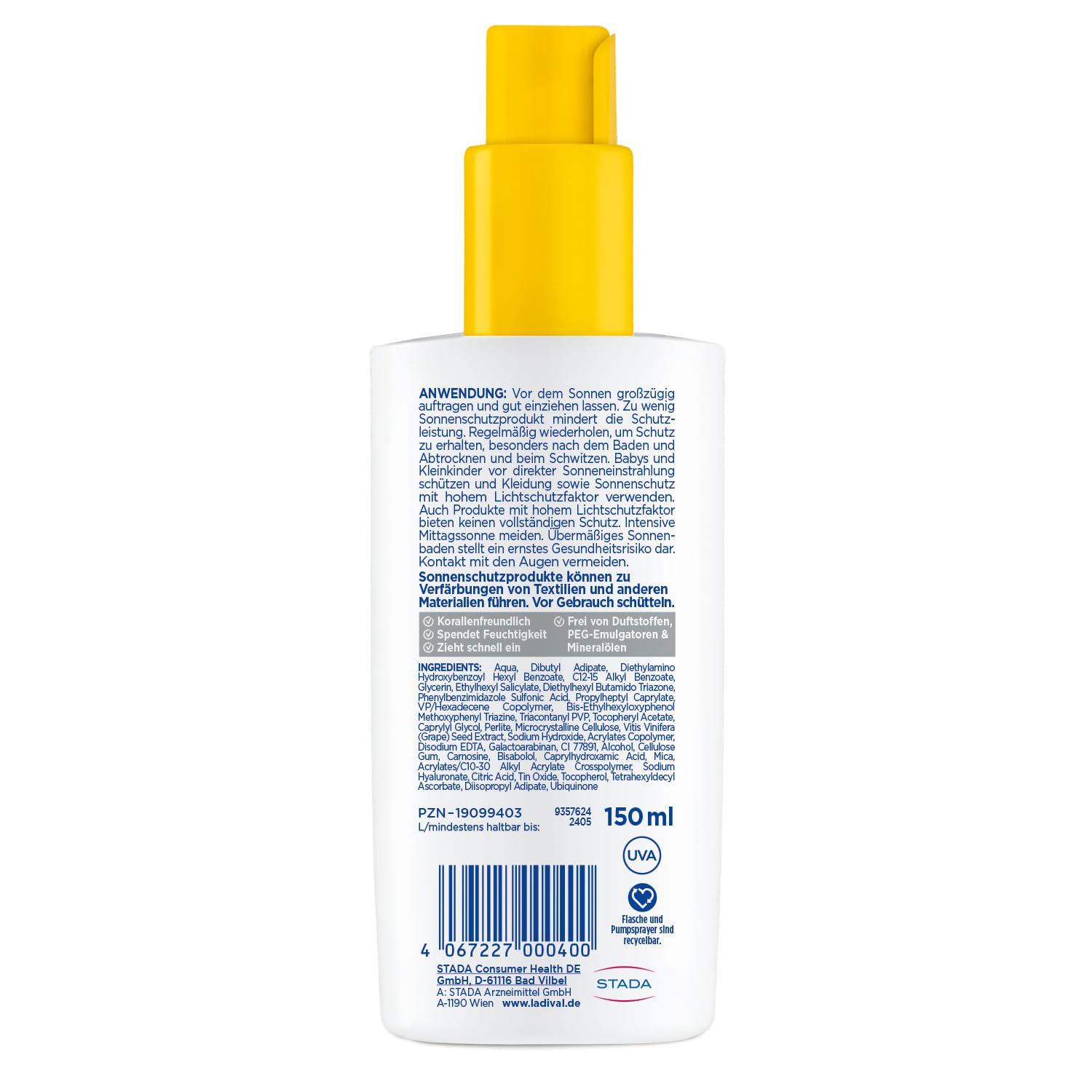 Detalle 2 de Ladival Sonnenschutz Spray LSF 50+ für trockene Haut (bei Neurodermitis-Neigung) – wasserfestes Spray mit Hyaluronsäure, 150 ml