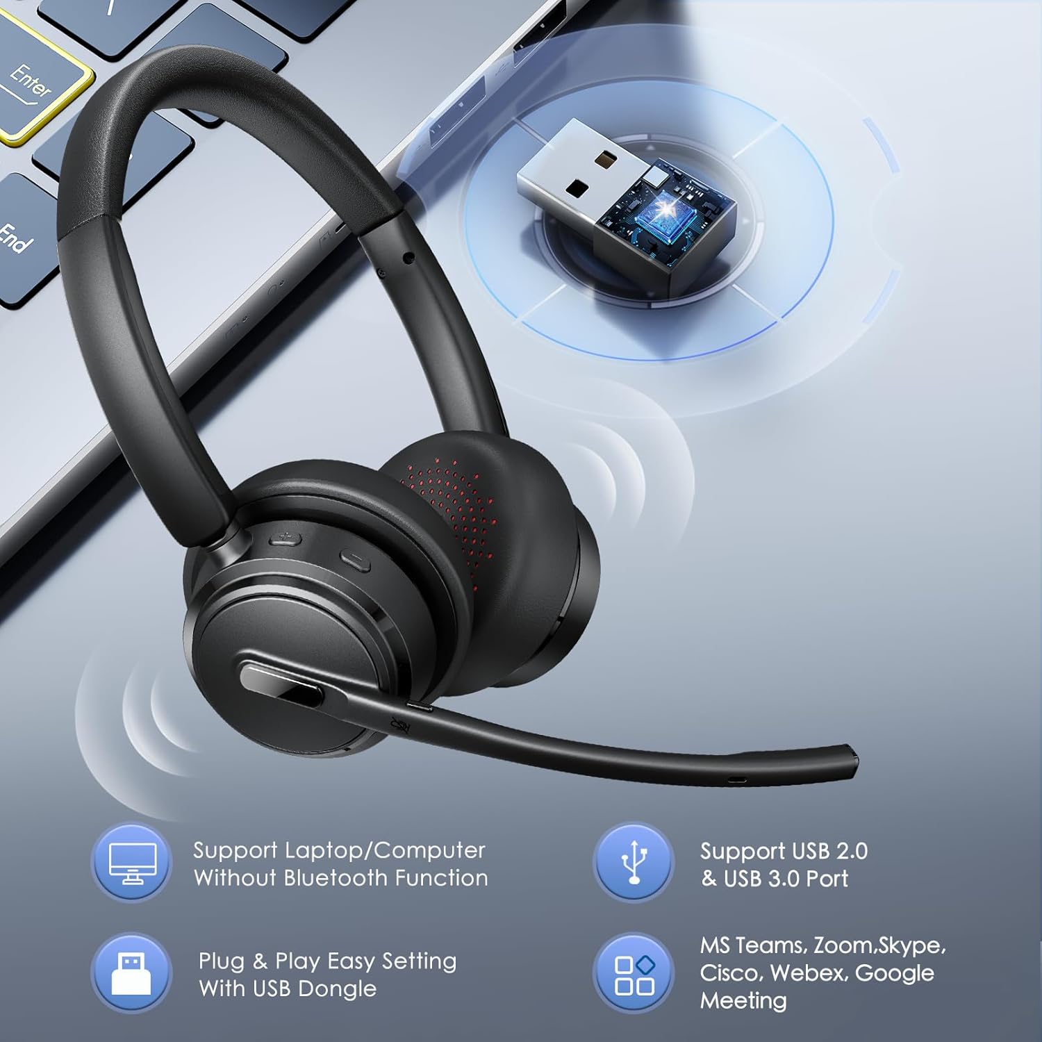 Thumbnail 2 de Mopchnic Wireless Headset with Noise Cancelling Microphone — On-Ear Bluetooth, USB Dongle, Charging Base