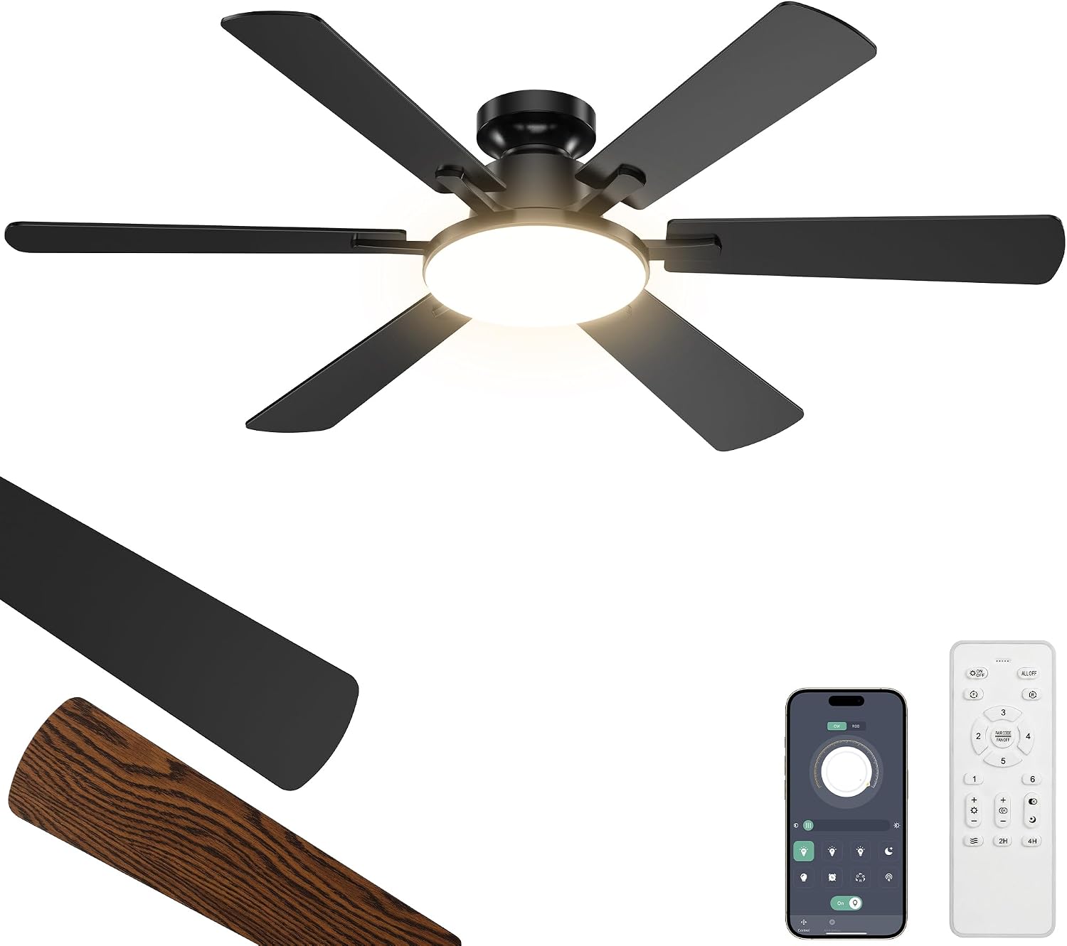Detalle de Deckenventilator mit Beleuchtung 132 cm – 6 Flügel, DC-Silentmotor, Fernbedienung