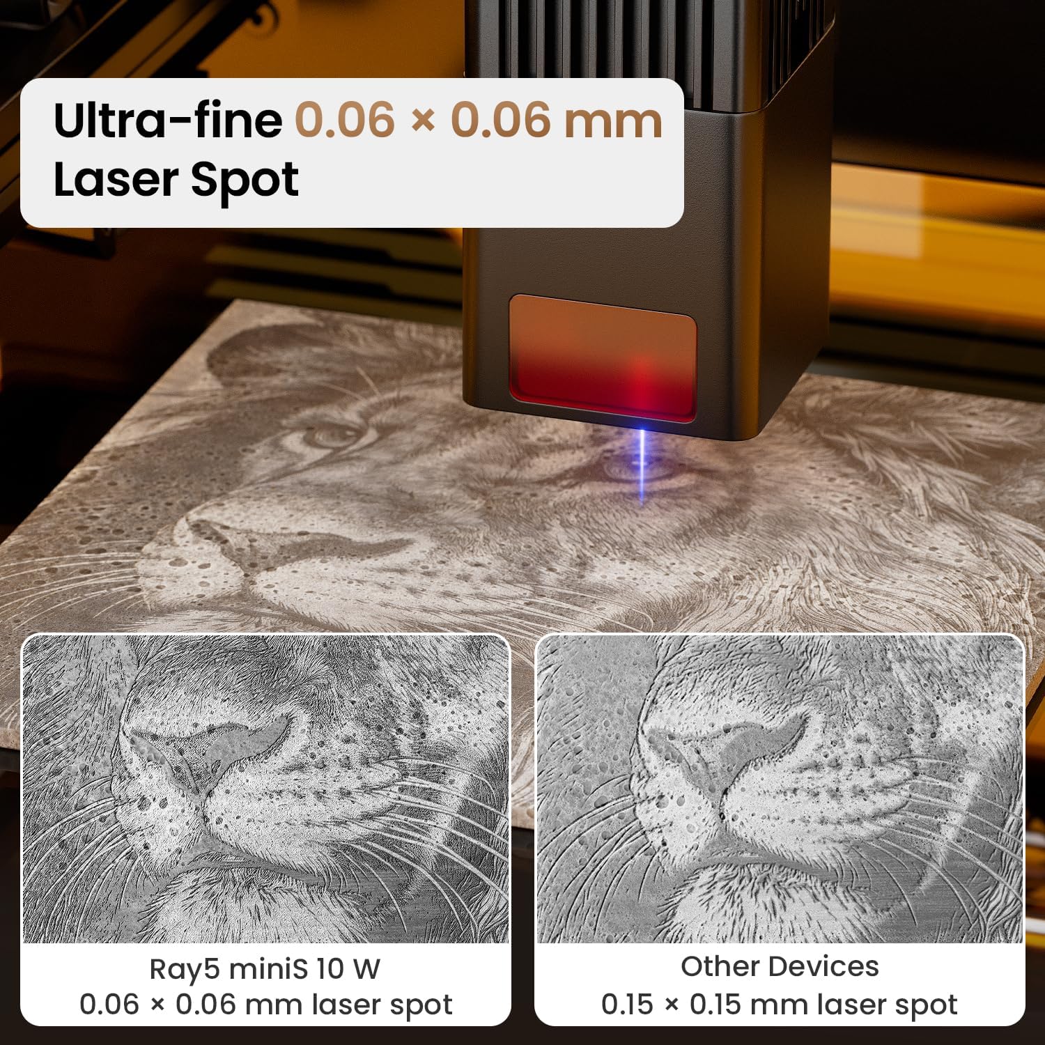 Detalle de LONGER Ray5 miniS Incisore Laser 10W: incisioni precise e sicure in un sistema tutto-in-uno