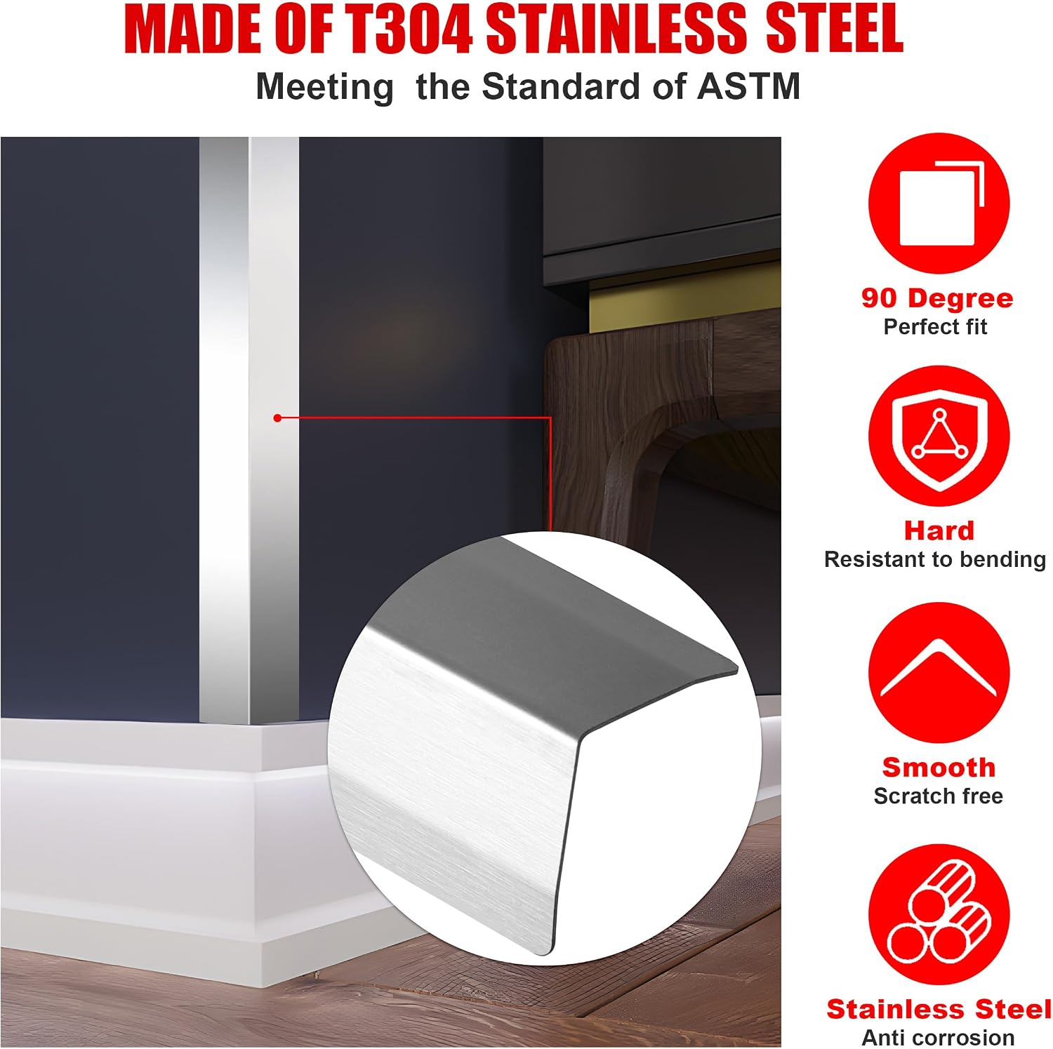 Detalle 2 de Besino Corner Guard 1.5" x 1.5" x 48" Stainless Steel Wall Guards, 10-Pack