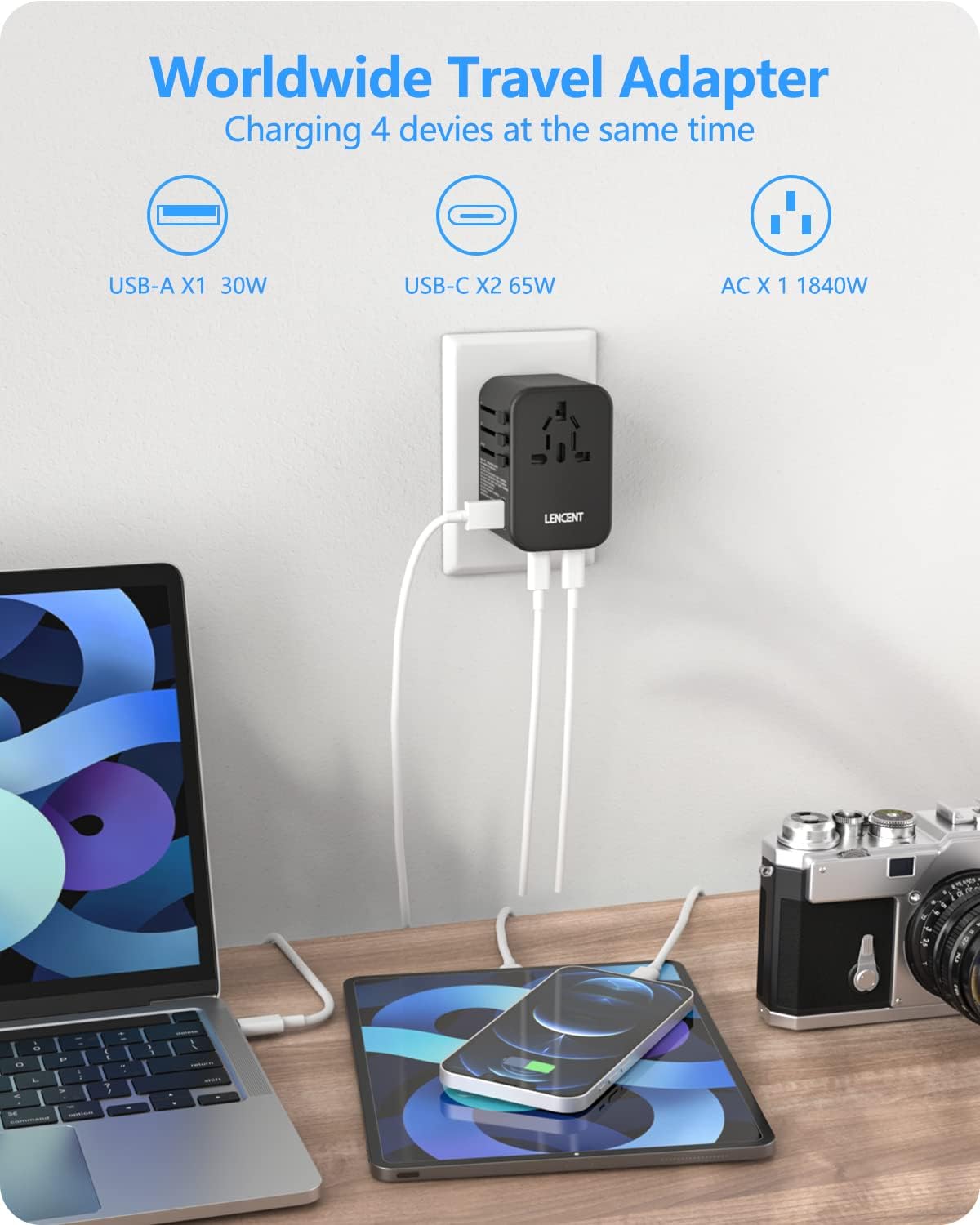 Detalle 2 de LENCENT 65W reseadapter med GaN III, fyra kontakttyper och tre USB-portar
