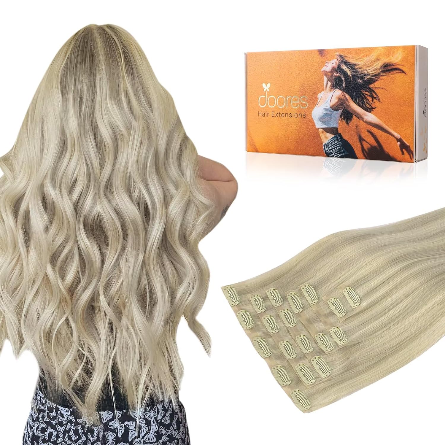 Detalle de DOORES Clip-In Hair Extensions, 18 Inches, Dark Brown Mix (Lightly Aligned), 7-Unit Set