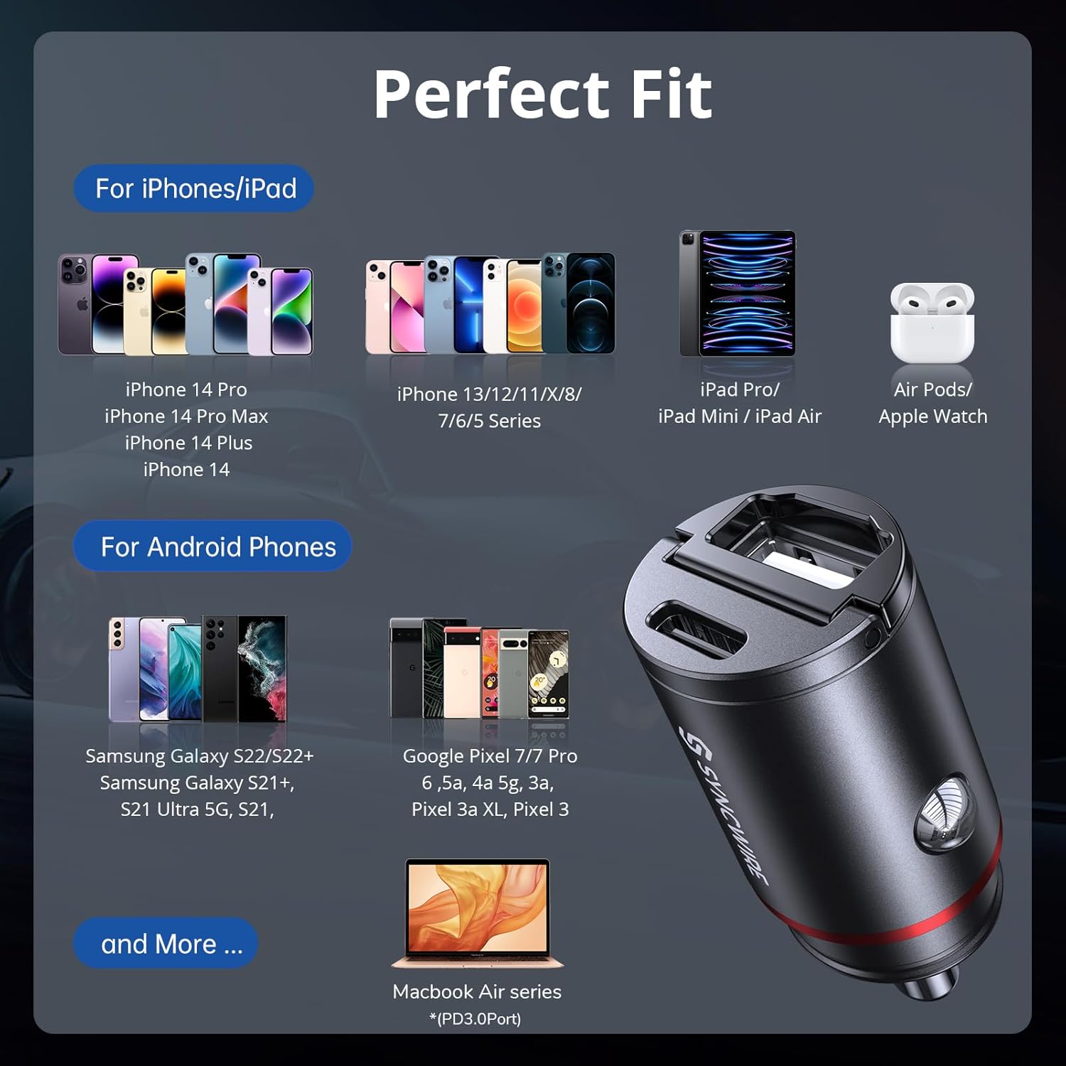 Thumbnail 5 de Syncwire USB-C & USB 12V Car Charger (PD30W & QC3.0) with Pop-Out Pull Ring