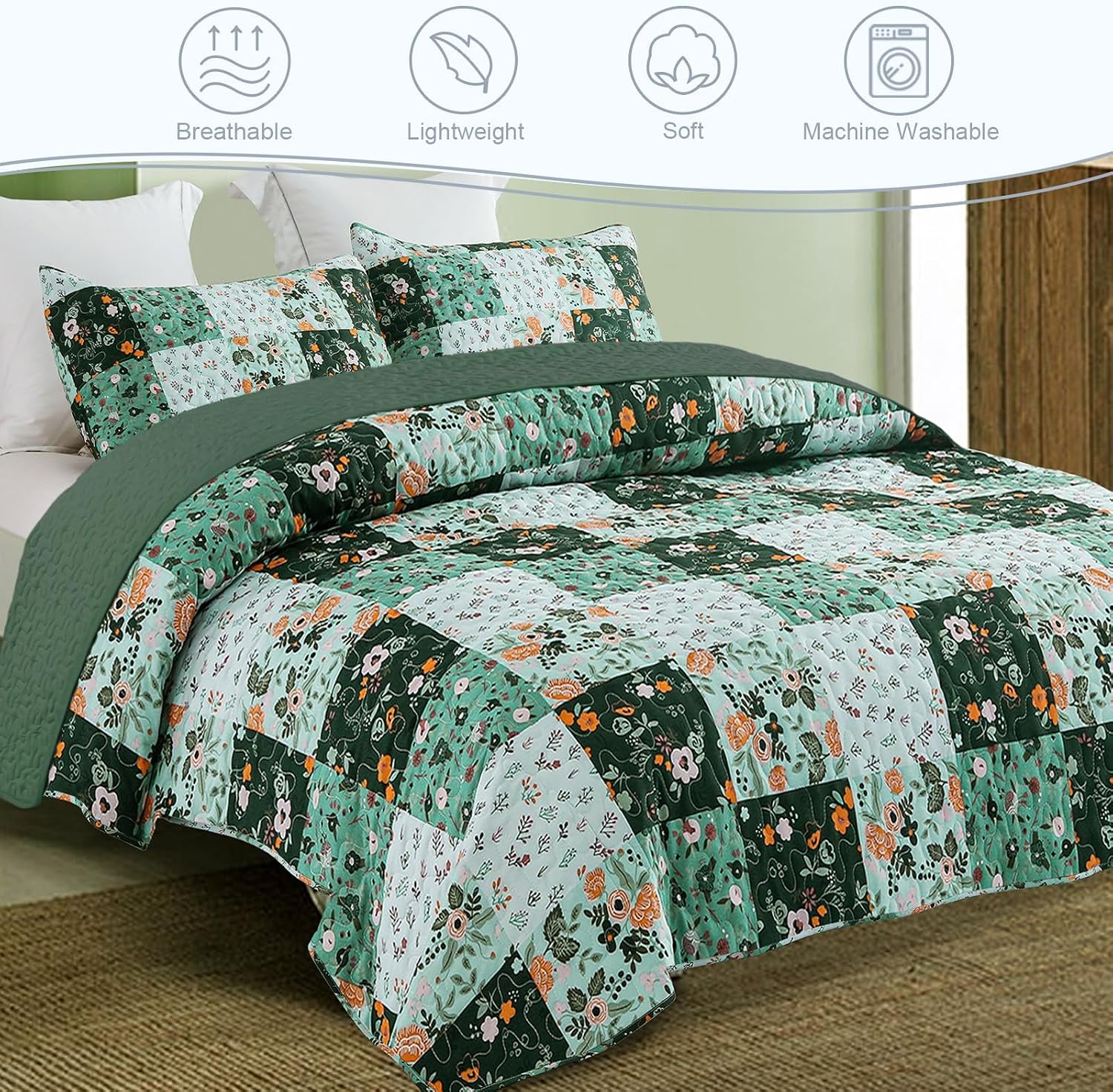 Detalle 2 de Exclusivo Mezcla Quilt13-DGREEN-Q Queen Quilt Set, Reversible Green Floral Patchwork