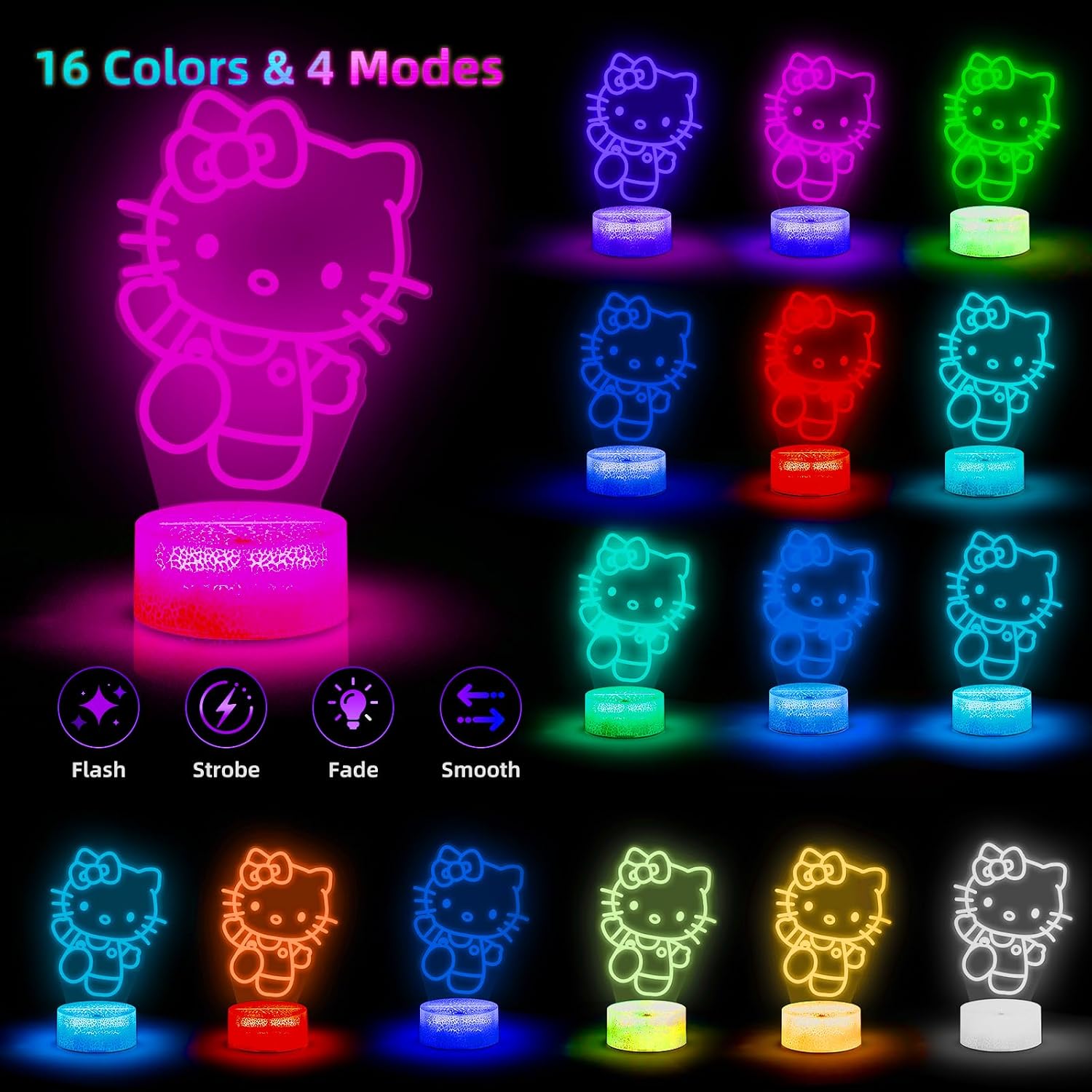 Detalle 2 de ZTZK Kitty Lampe 3D Nachtlicht mit 16 Farben 🛋