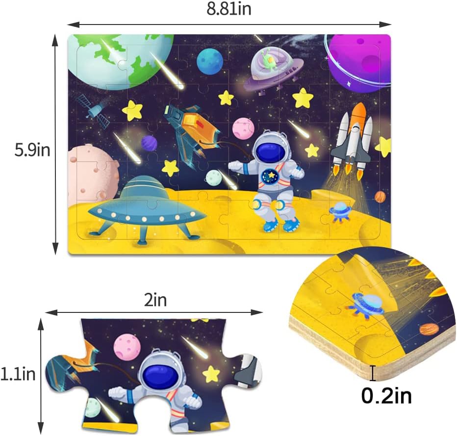Detalle de Wooden Jigsaw Puzzles for Kids (3–6) Space Dinosaur Animals – 4 x 30-Piece Set