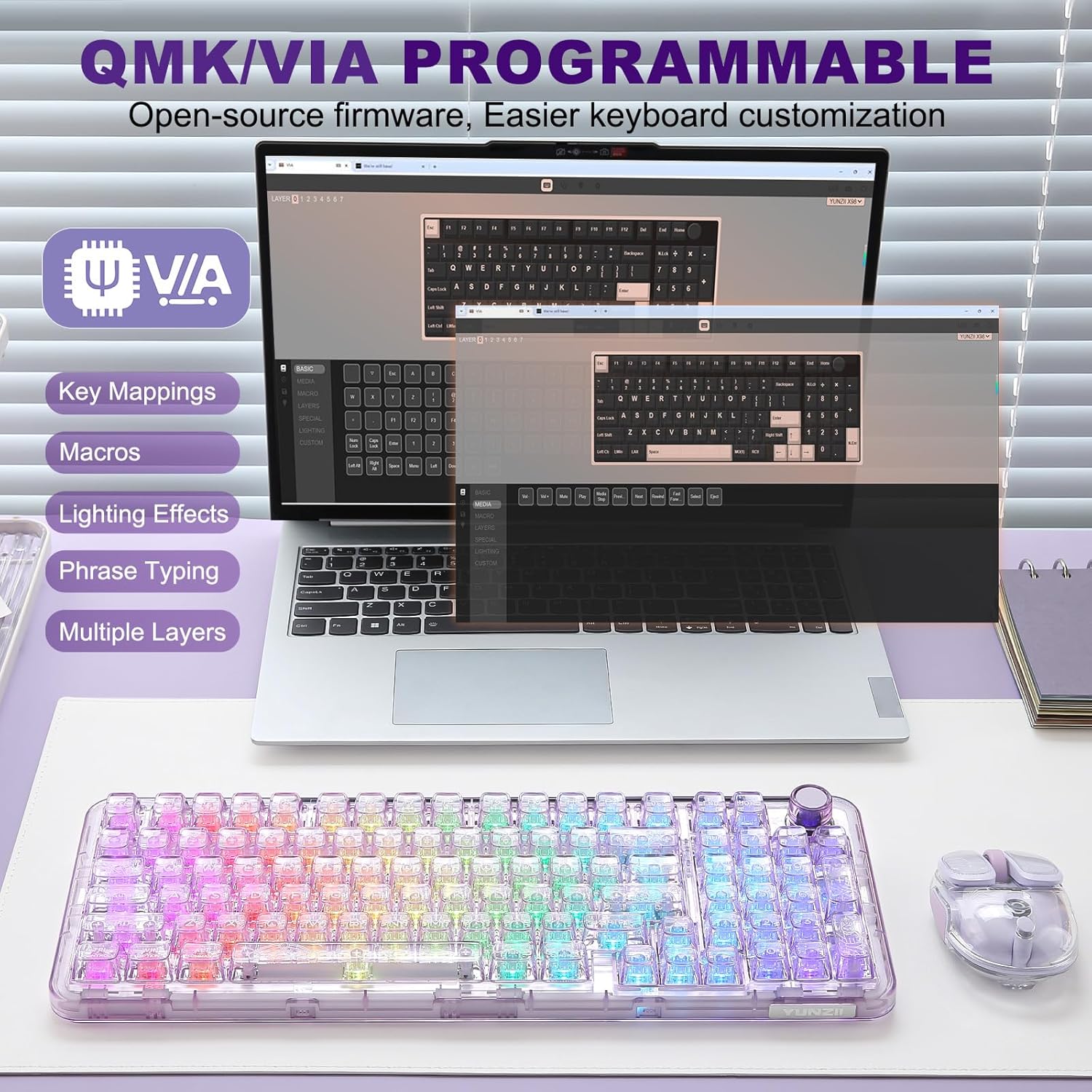 Thumbnail 5 de YUNZII X98 QMK/VIA Tri-Mode Wireless Mechanical Keyboard with Knob (Purple, Crystal Switch)