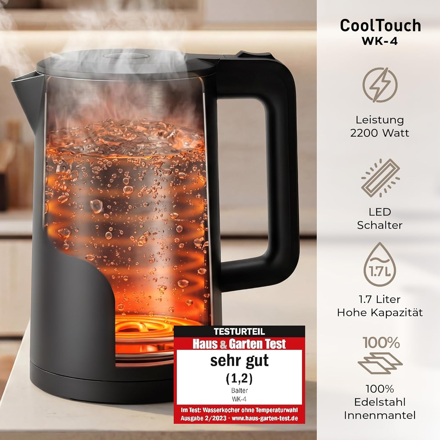 Thumbnail 2 de Balter Wasserkocher Edelstahl WK-4 (1,7 Liter) mit Doppelwand, LED & Sicherheitsfunktionen – kompakter Teekocher in Schwarz