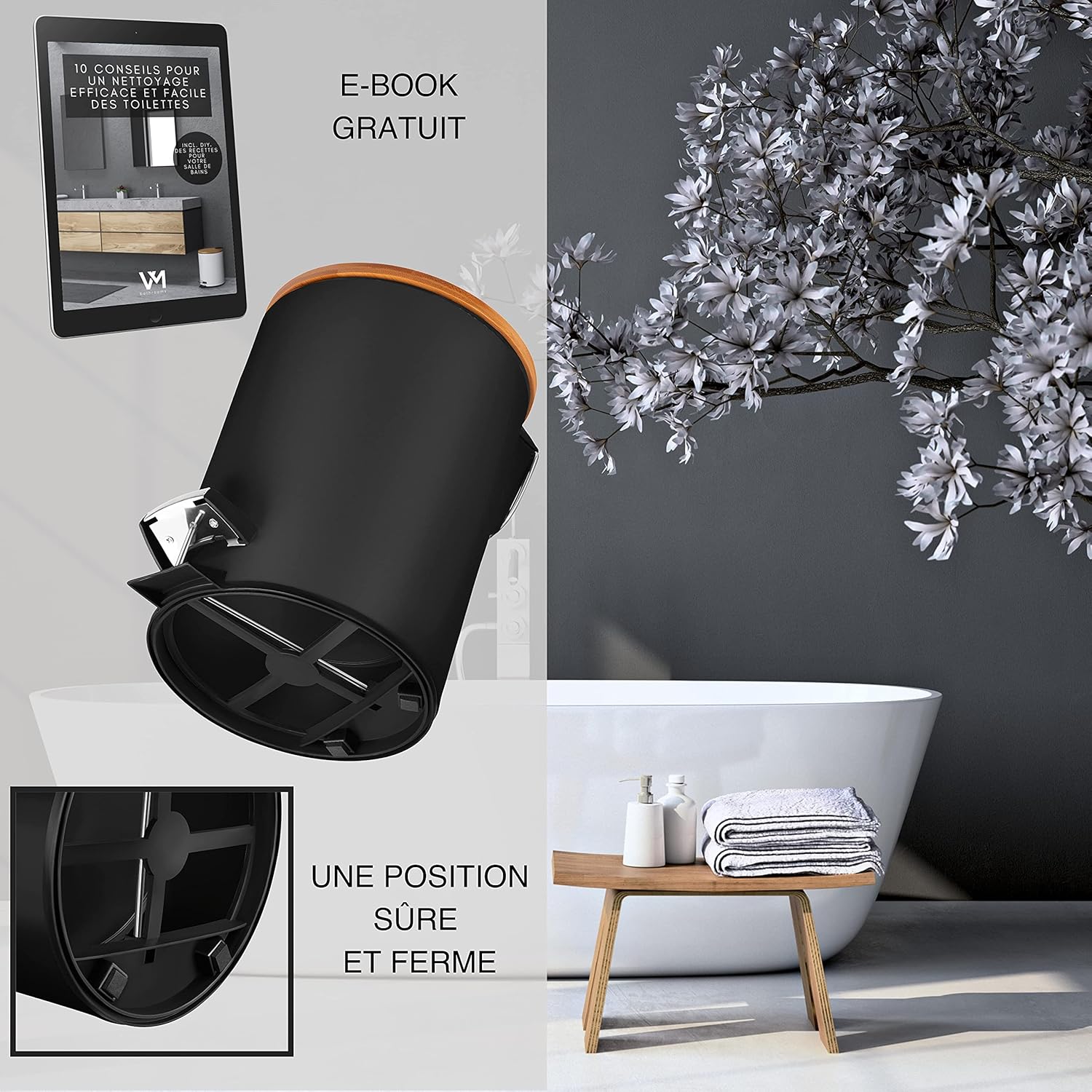 Thumbnail 5 de VMbathrooms Poubelle de salle de bain 3 L – design noir élégant, pédale et Soft Close