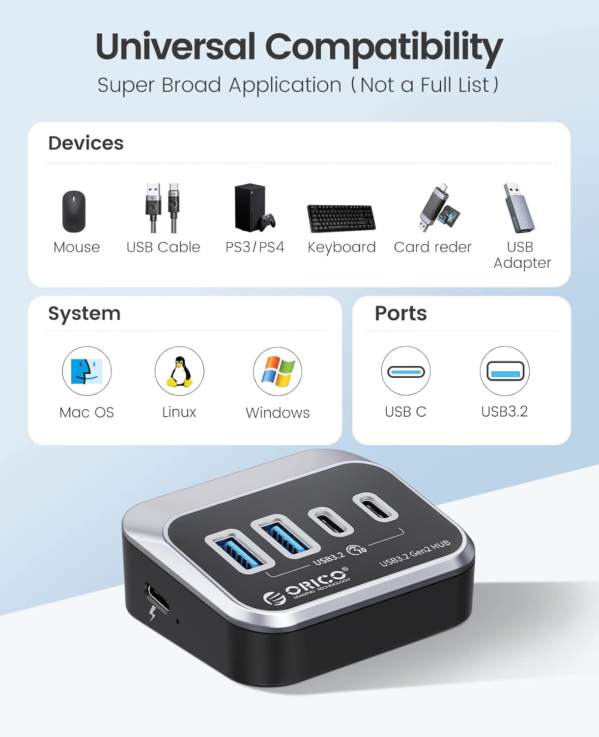 Thumbnail 6 de ORICO 4-Port USB Hub 3.2 Gen 2 mit 2 Typ-A und 2 Typ-C, 10 Gbit/s – kompatibel mit Mac/PC/PS5