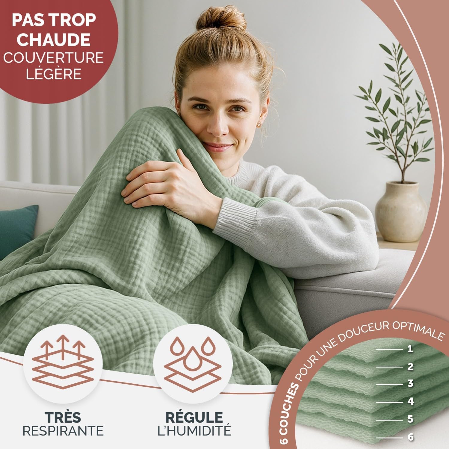 Thumbnail 3 de Blumtal plaid lit 150x200 en mousseline 6 couches (vert été) – couvre-lit & couvre-canapé léger en coton