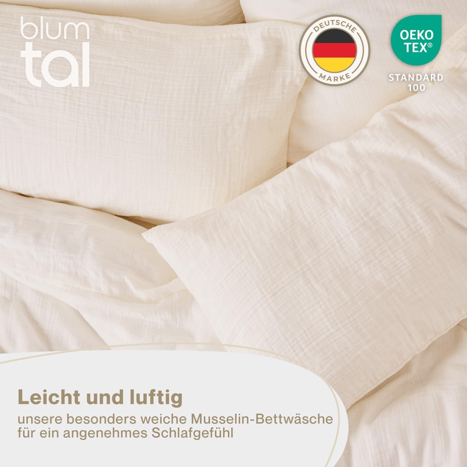 Detalle 2 de Blumtal Musselin Bettwäsche 200x200 cm + 2x 80x80 cm – OEKO-TEX, 100% Baumwolle, beige