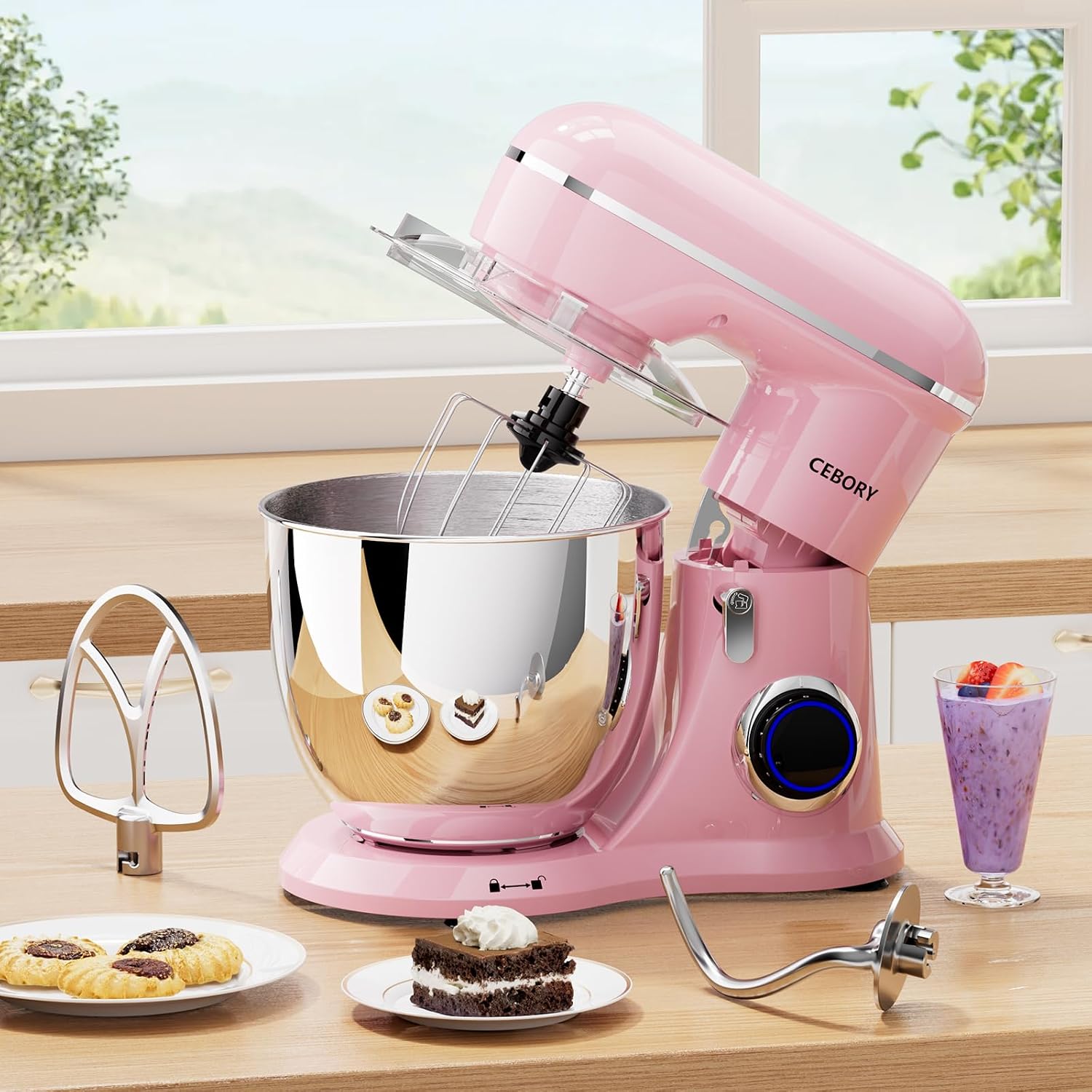 Detalle de CEBORY 3-in-1 Electric Stand Mixer: 6.5QT, 660W, 10-Speed with Dough Hook, Beater & Whisk (Pink)