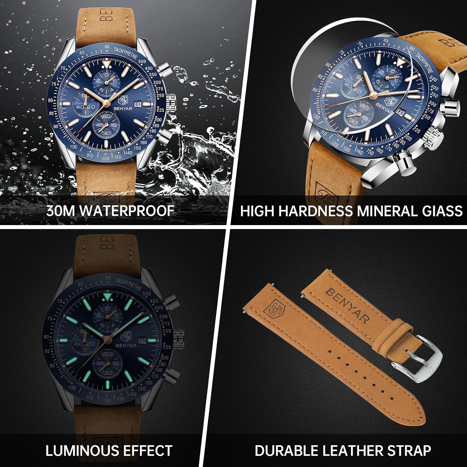 Detalle de BENYAR Montre Homme Étanche Analogique Quartz Chronographe – Grand Cadran 45mm, Leather et Daté