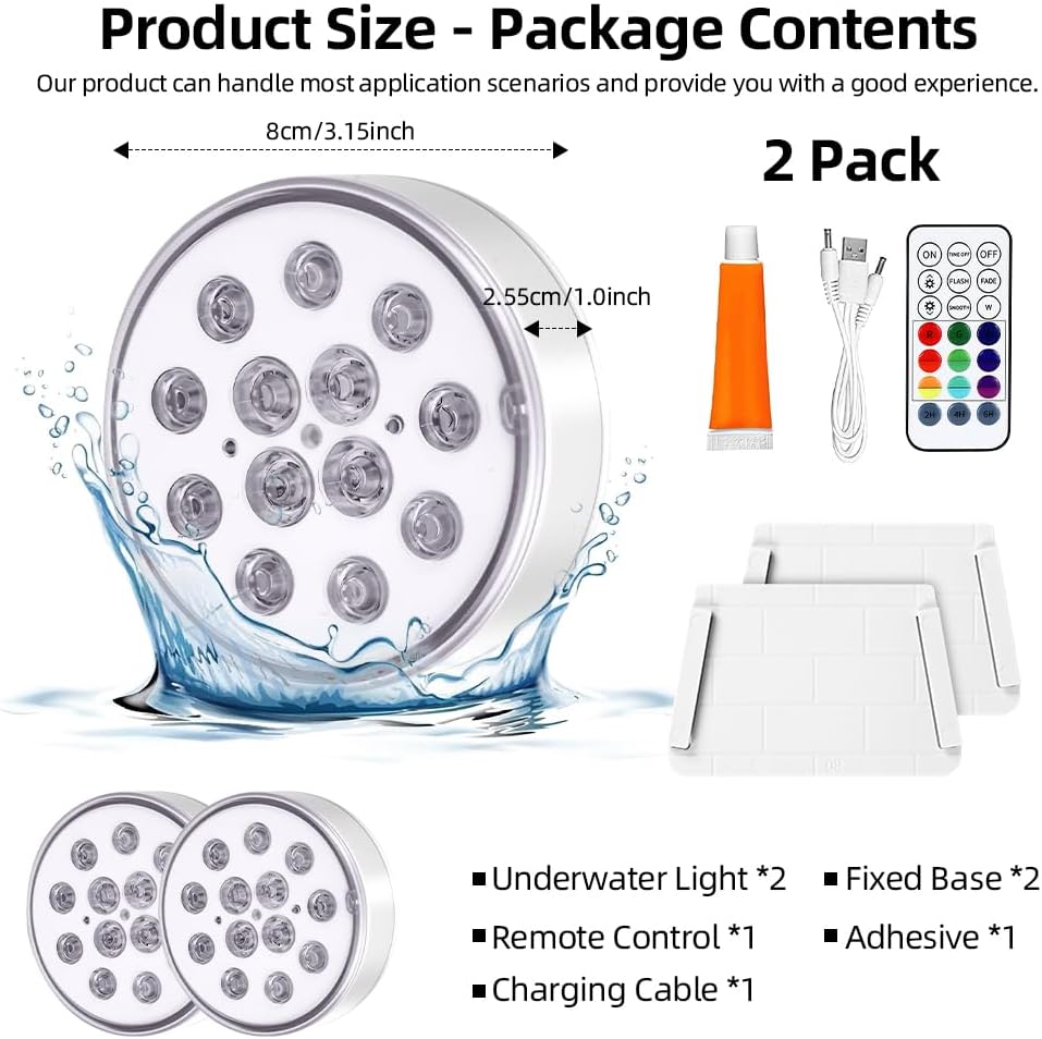Detalle 2 de vsshe Pool Lights (2 Pack) Rechargeable Submersible LED Lights with Remote, IP68 & 16 Colour Modes