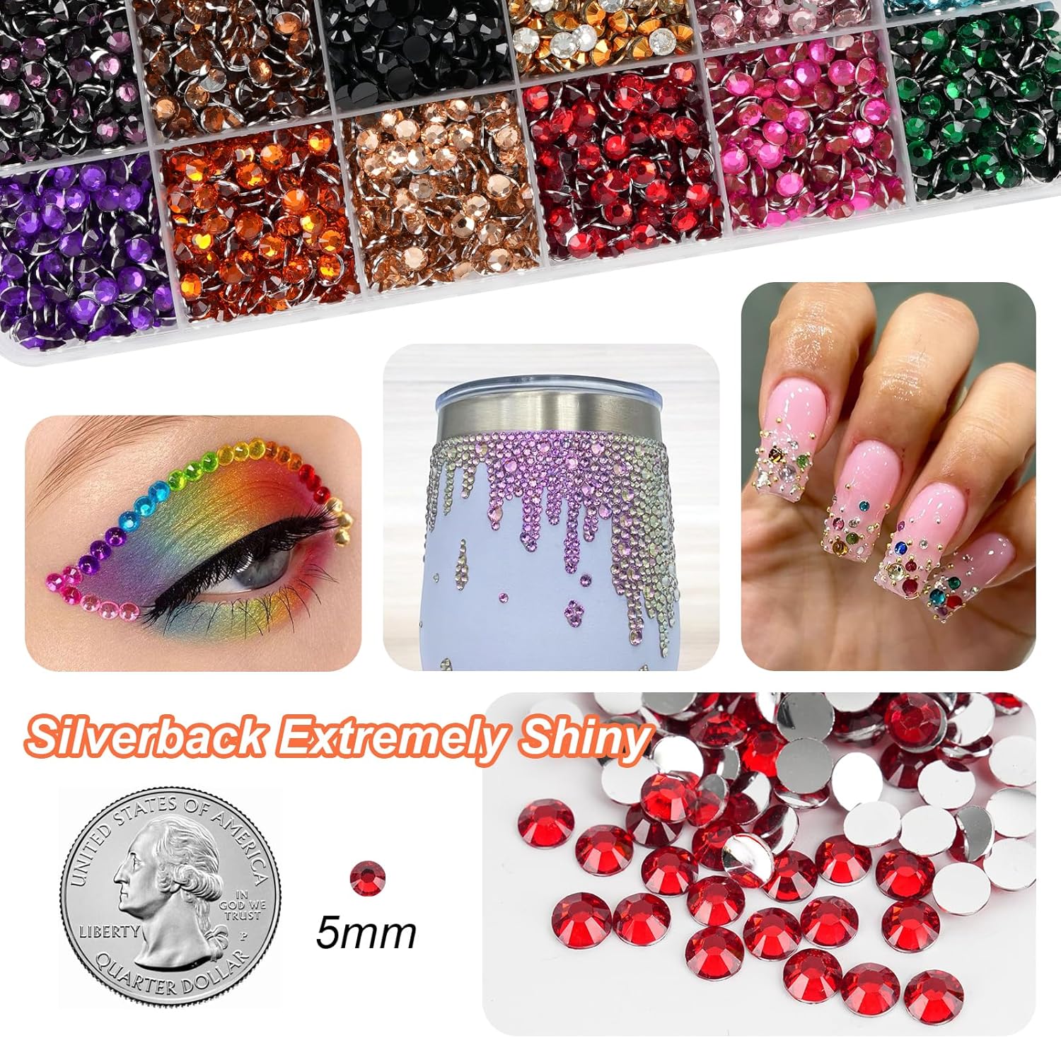 Thumbnail 3 de Canvalite Resin Bedazzling Kit: 24-Color 5mm SS20 Flatback Rhinestones with Glue, Tweezer & Pen for Nails, Clothing & Accessories