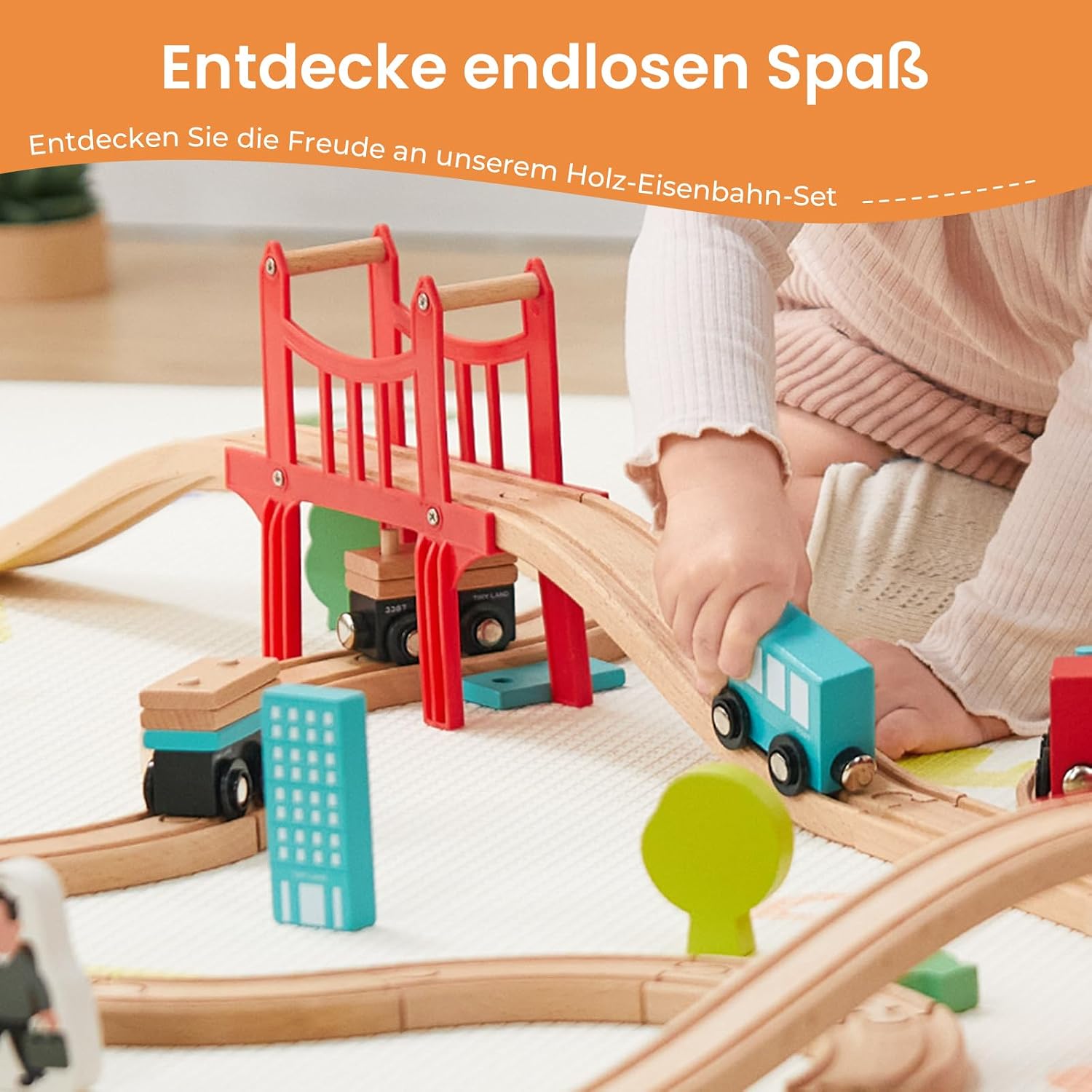 Detalle 2 de Tiny Land Holz-Eisenbahn-Set 39-teilig mit Schienen, Brücke und Figuren (ab 3 Jahren)